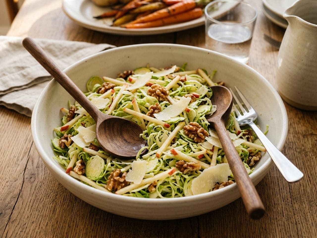 Shaved Brussels sprout salad with apple matchsticks, walnuts and shaved Parmesan in a white bowl
