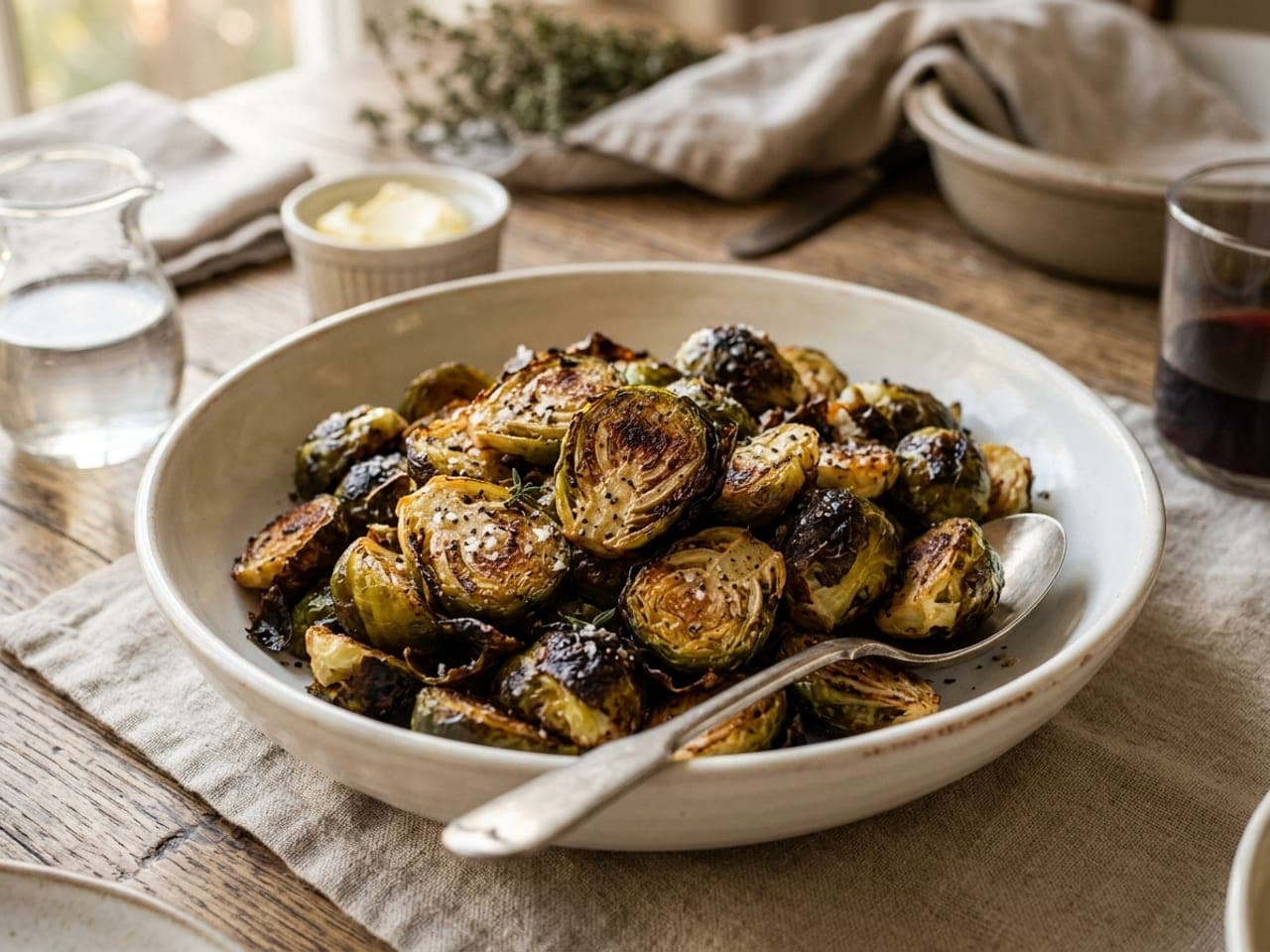 Roasted Brussels sprouts with deeply browned cut faces in a white serving bowl