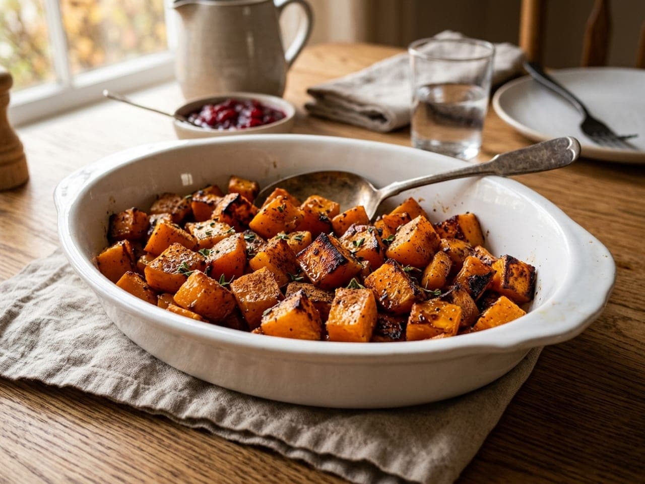 Cubes of roasted butternut squash, caramelised at the edges, in a white serving dish