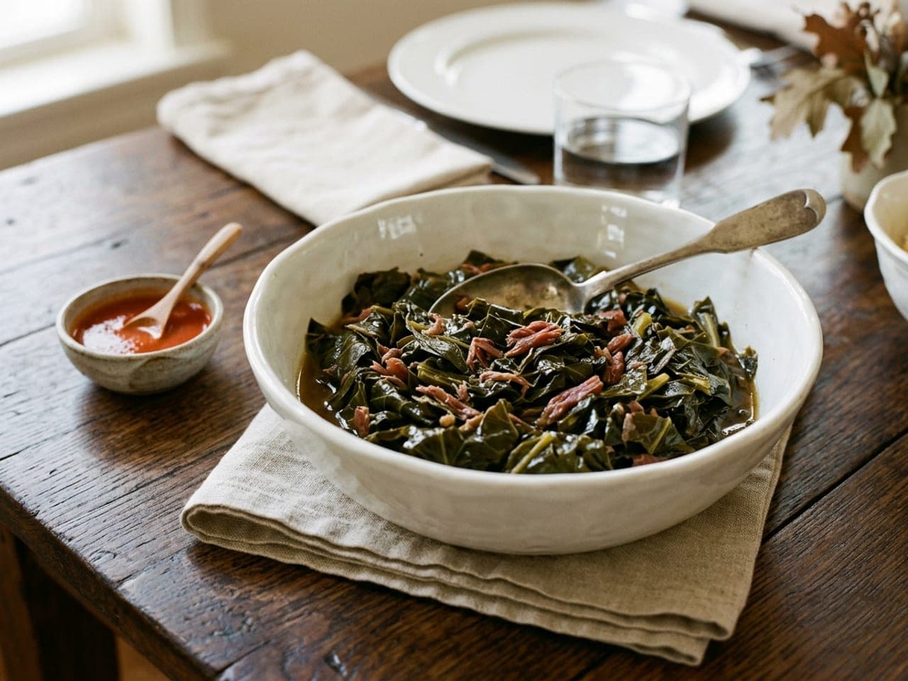 Dark braised collard greens with pieces of smoked ham in a white bowl