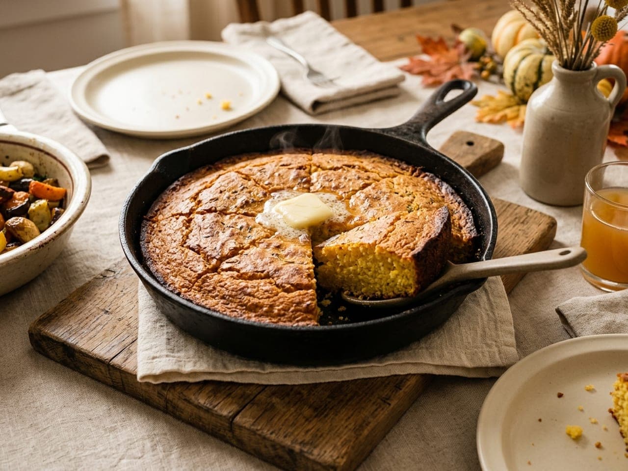 Golden skillet cornbread in a black cast-iron pan, cut into wedges