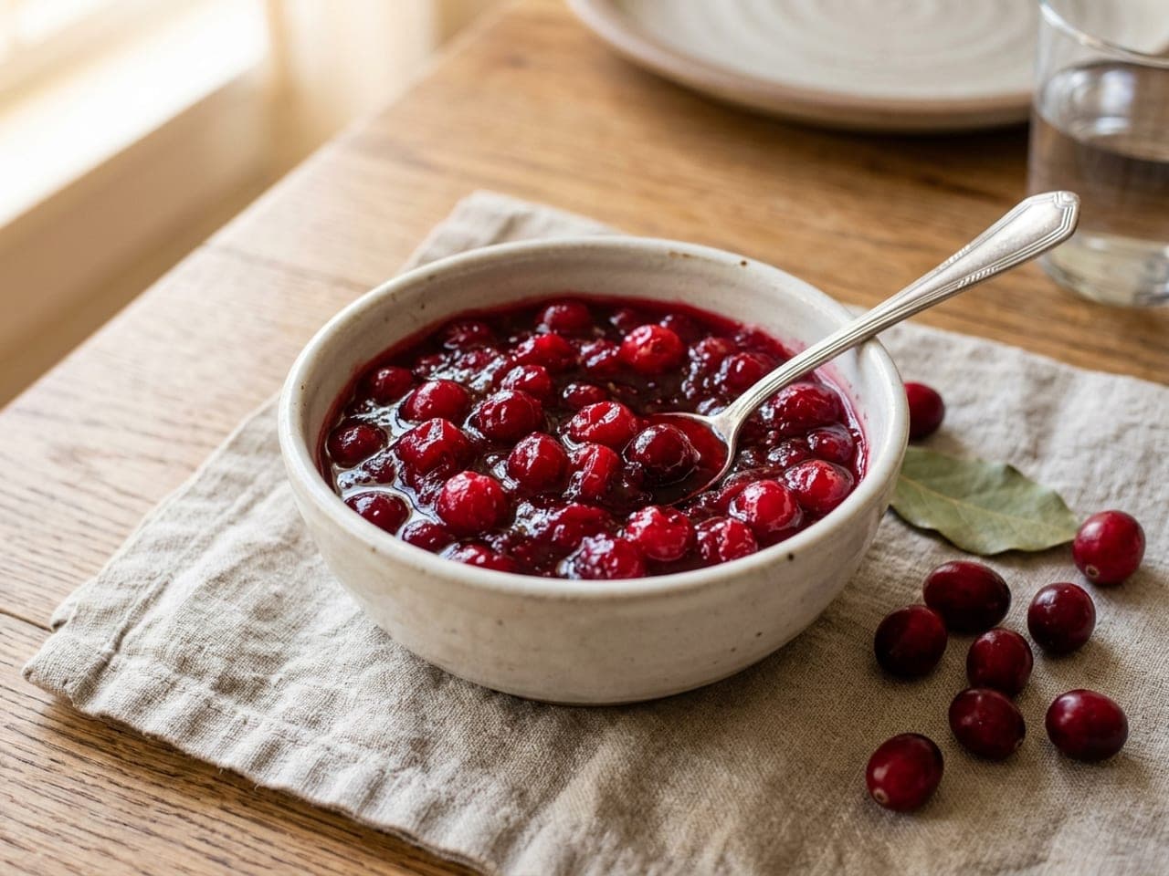 Glossy whole-berry cranberry sauce in a white bowl