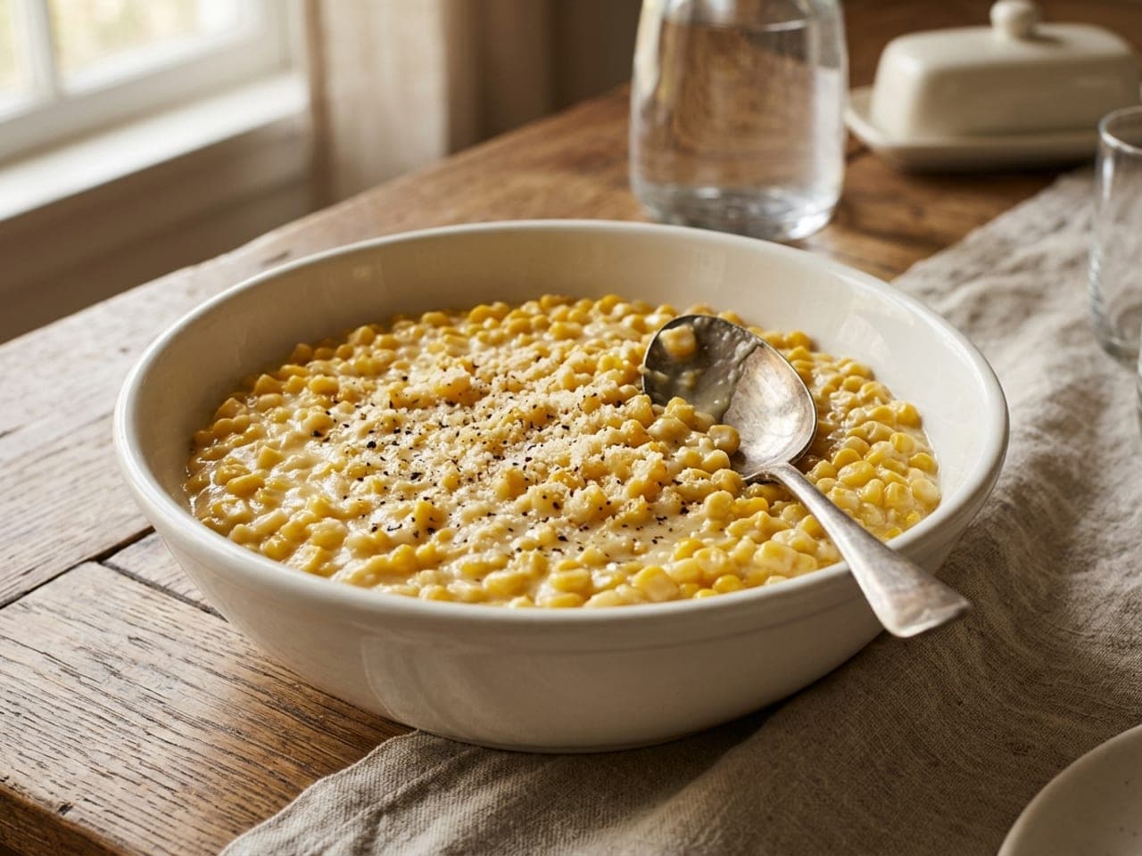 Creamy corn kernels in a white serving bowl, dusted with black pepper