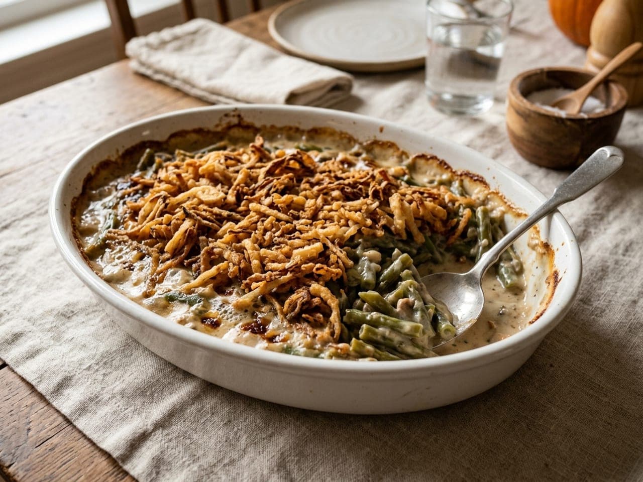 Green bean casserole in a white oval baking dish, green beans in a creamy mushroom sauce under a thick layer of golden crisp fried onions