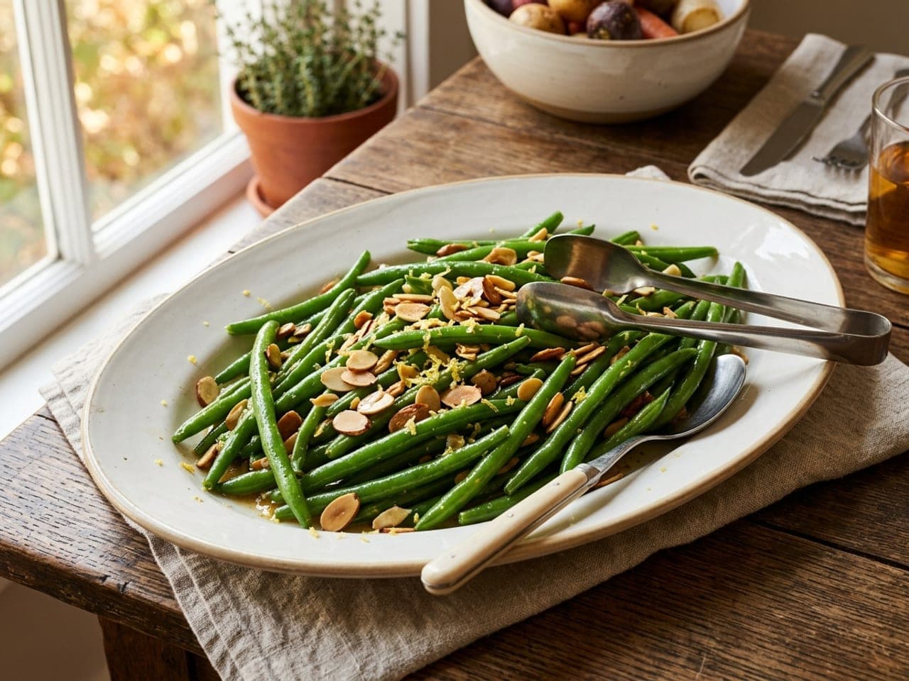 Bright green beans tossed with toasted sliced almonds and brown butter on a white platter