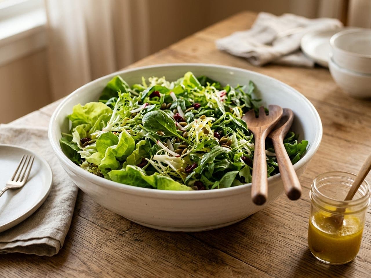 A large bowl of mixed green salad leaves lightly dressed, with a jar of vinaigrette beside it
