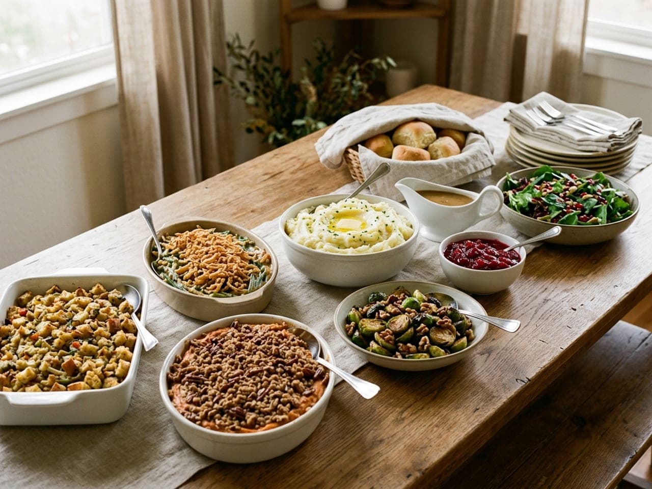 A Thanksgiving table of side dishes: stuffing, green bean casserole, sweet potato casserole, mashed potatoes, roasted Brussels sprouts, cranberry sauce, gravy and a basket of rolls on cream linen