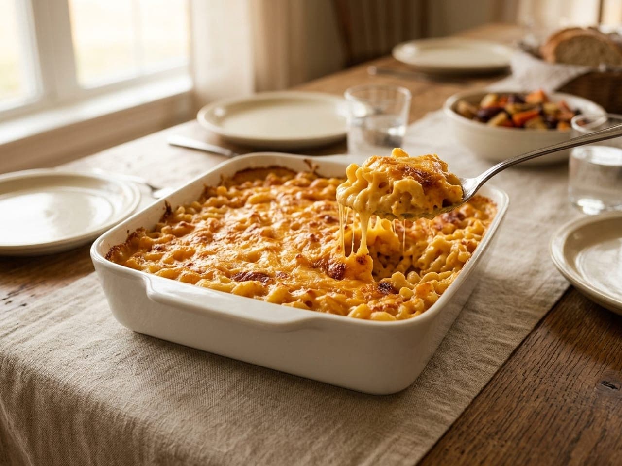 Baked macaroni and cheese in a white baking dish, elbow pasta in a creamy cheddar sauce under a melted golden cheese top