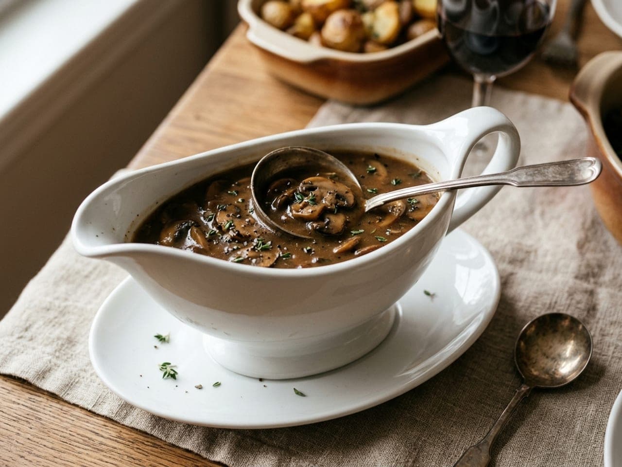 Dark mushroom gravy with sliced mushrooms in a white gravy boat