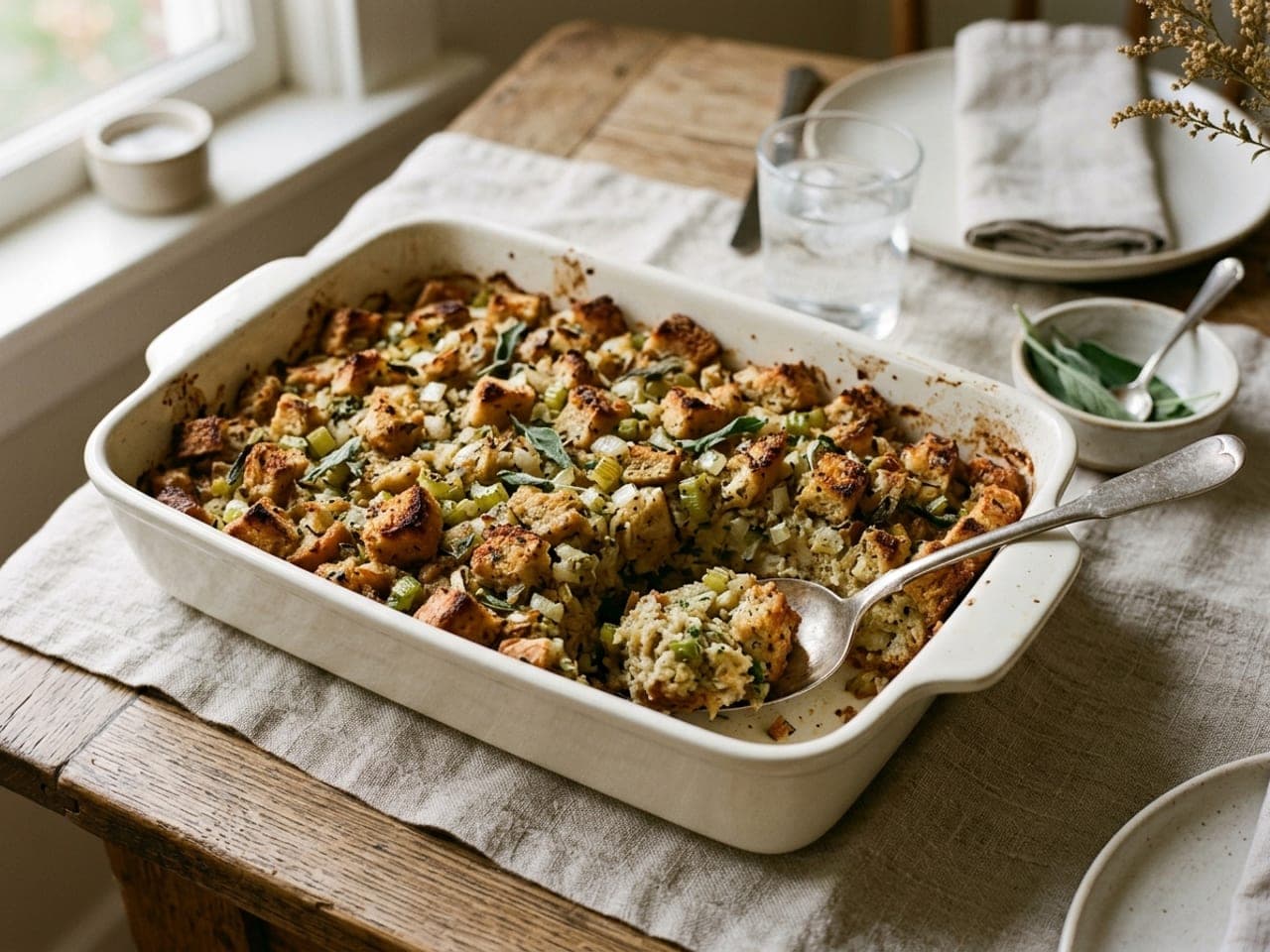 Golden baked bread stuffing with celery and herbs in a white rectangular baking dish, crisp on top, a serving spoon lifting out a corner