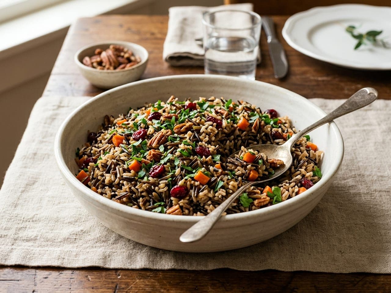 Wild rice pilaf with dried cranberries, toasted pecans and parsley in a white bowl