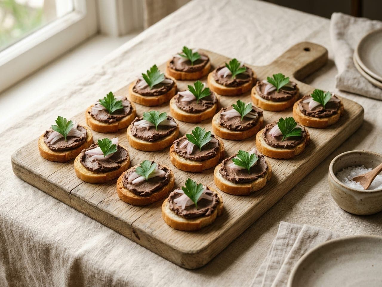 Thin toasted baguette slices on a wooden board, each spread with smooth dark chicken liver pâté and topped with a few thin slices of shallot and a parsley leaf