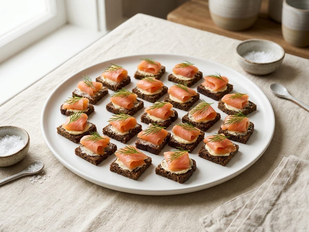 Small squares of dark rye bread on a white plate, each spread with pale butter and topped with a fold of smoked salmon and a sprig of dill