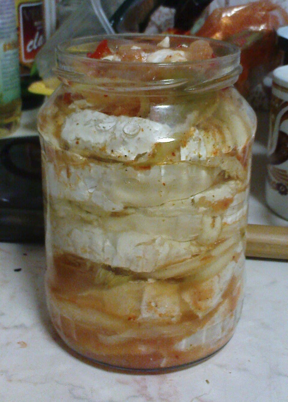 Marinated Hermelín (pickled soft Camembert-style cheese)