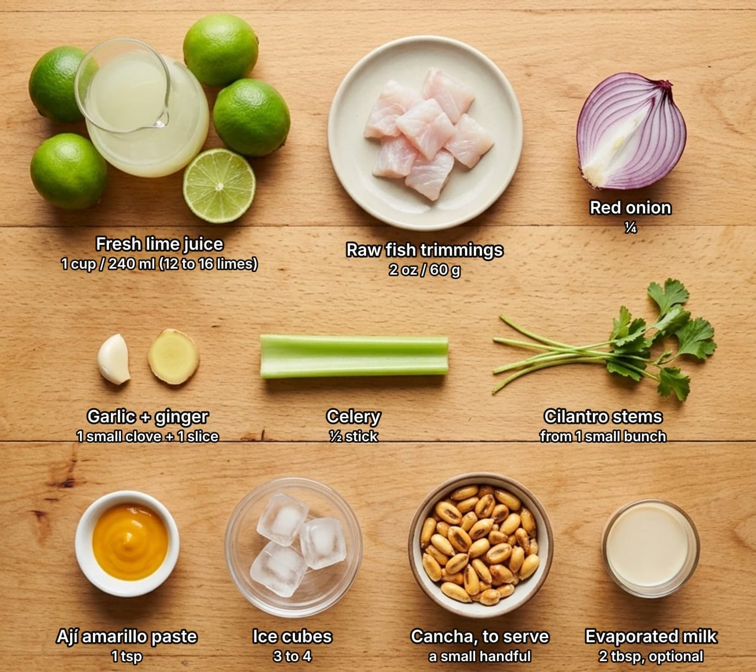 Leche de tigre ingredients laid out overhead on a wooden counter and labelled with quantities: a glass jug of fresh lime juice among whole and halved limes, raw white fish pieces on a plate and a red onion across the top; a garlic clove with a coin of ginger, a stick of celery and a bunch of cilantro stems in the middle; a small bowl of ají amarillo paste, a glass bowl of ice cubes, a bowl of cancha and a small glass of evaporated milk below.