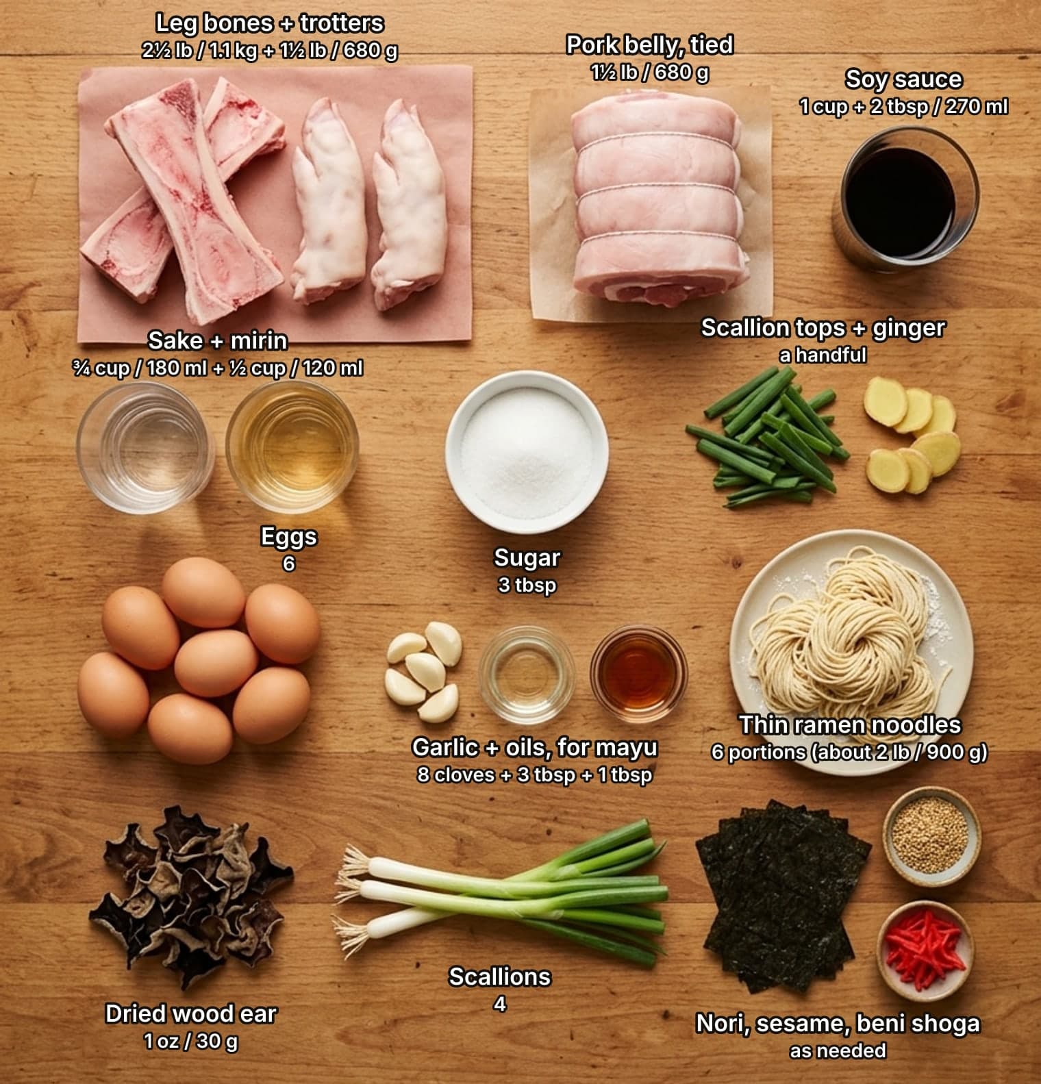 Tonkotsu ramen ingredients laid out overhead on a wooden counter and labelled with quantities: raw split pork leg bones and trotters on butcher paper, a raw rolled and tied pork belly and a glass of soy sauce across the top; glasses of sake and mirin, a bowl of sugar, and scallion tops beside coins of ginger in the second row; six brown eggs, garlic cloves beside dishes of neutral and sesame oil, and a plate of thin fresh ramen noodles in the third row; dried wood ear, whole scallions, and nori sheets with dishes of sesame seeds and red pickled ginger below.