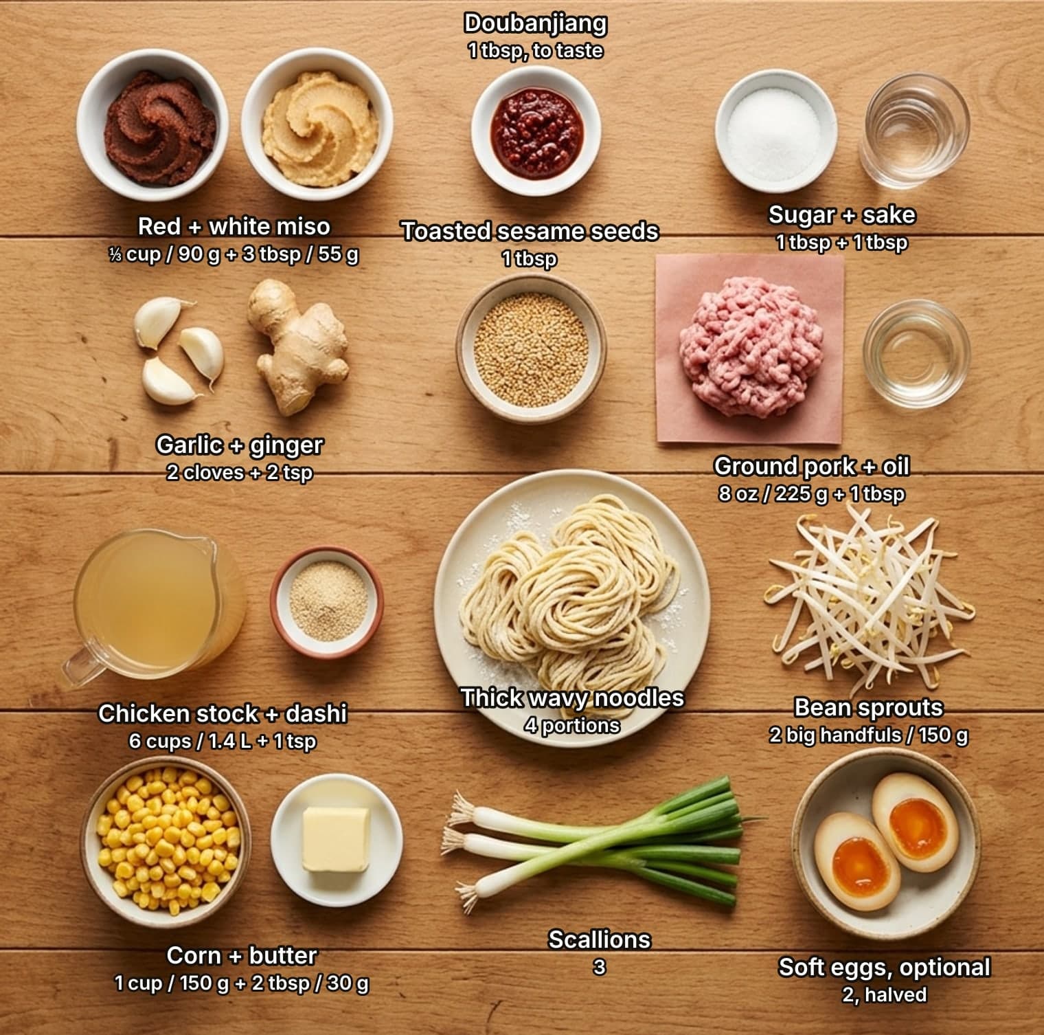 Miso ramen ingredients laid out overhead on a wooden counter and labelled with quantities: bowls of red and white miso, a dish of doubanjiang, and a bowl of sugar beside a glass of sake across the top; garlic cloves beside a knob of ginger, a bowl of sesame seeds, and raw ground pork on butcher paper beside a dish of oil in the second row; a glass jug of chicken stock beside a bowl of dashi powder, a plate of thick wavy ramen noodles and a pile of bean sprouts in the third row; a bowl of corn beside a block of butter, whole scallions, and a bowl of halved soft eggs below.