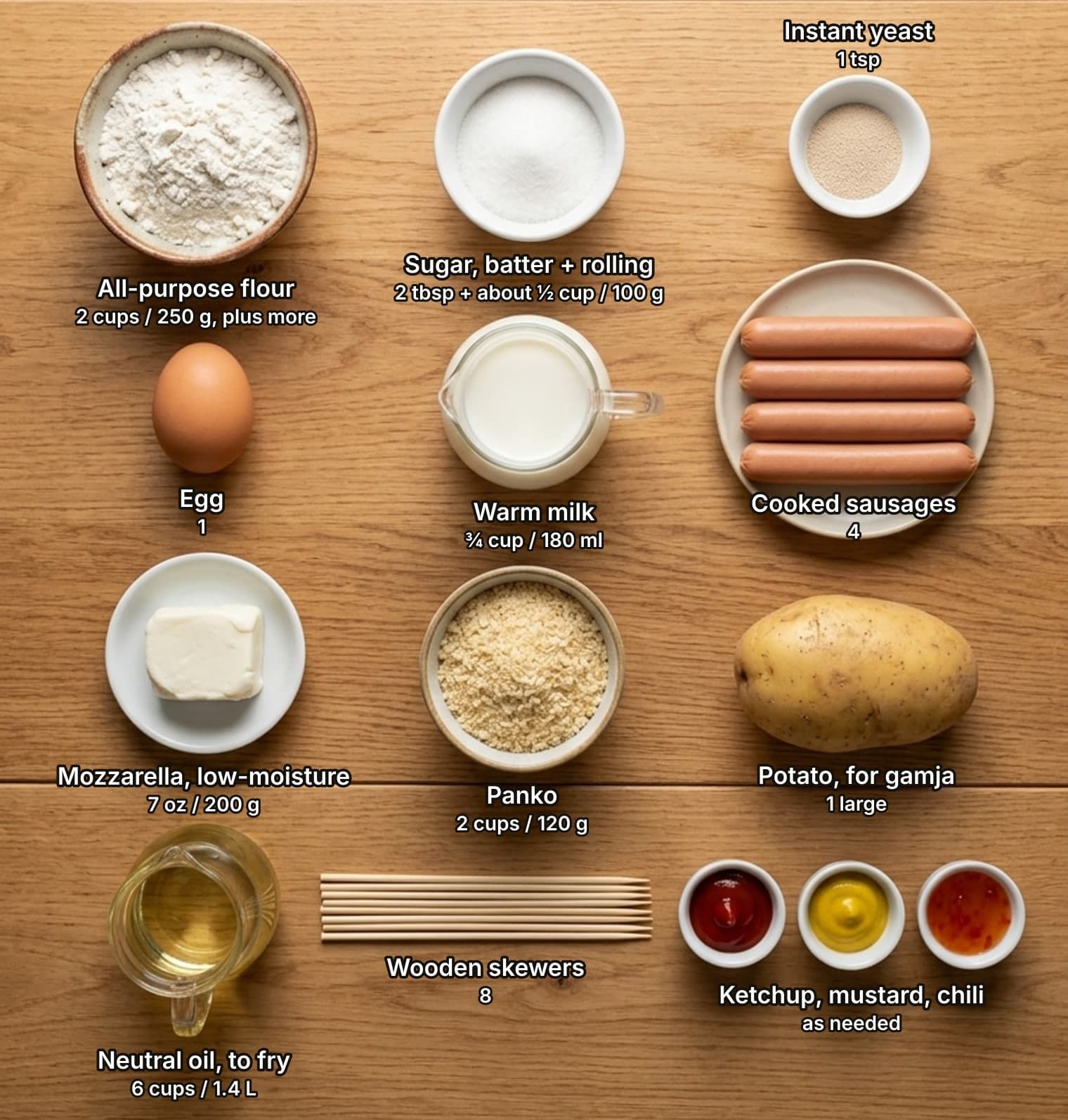 Korean corn dog ingredients laid out overhead on a wooden counter and labelled with quantities: bowls of flour, sugar and instant yeast across the top; a brown egg, a glass jug of milk and a plate of four slim sausages in the second row; a block of mozzarella on a plate, a bowl of panko and a whole potato in the third row; a glass jug of oil, a bundle of wooden skewers, and small dishes of ketchup, mustard and sweet chili sauce below.