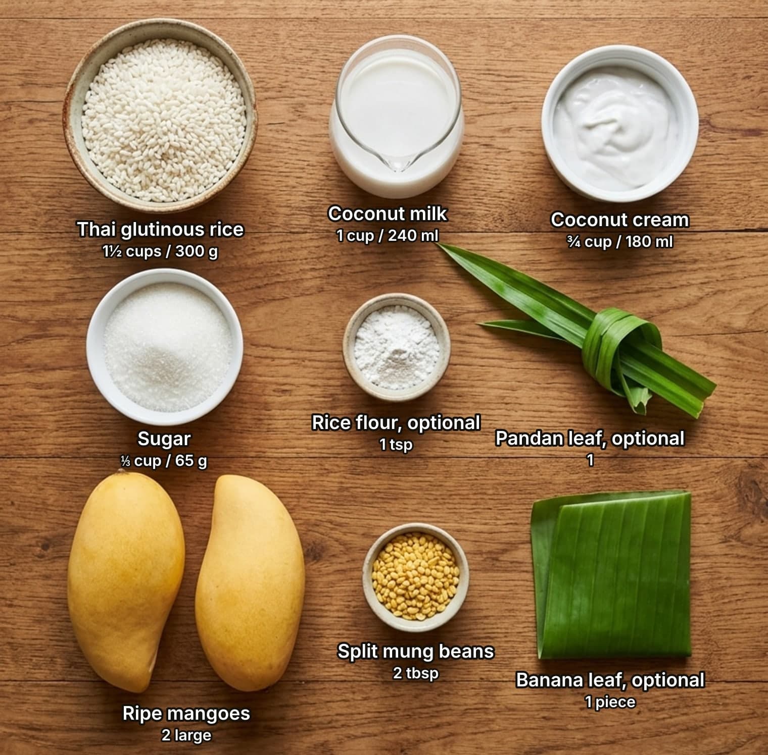 Mango sticky rice ingredients laid out overhead on a wooden counter and labelled with quantities: a bowl of uncooked Thai glutinous rice, a glass jug of coconut milk and a bowl of thick coconut cream across the top; a bowl of sugar, a small bowl of rice flour and a knotted pandan leaf in the middle; two whole ripe mangoes, a small bowl of yellow split mung beans and a folded piece of banana leaf below.