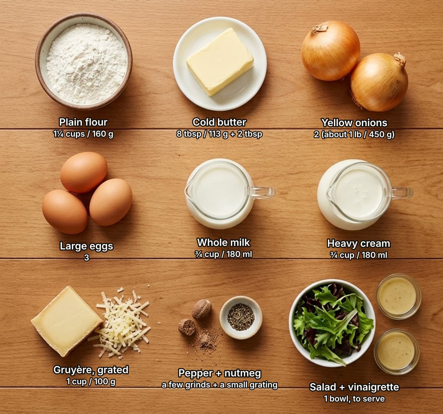 Quiche ingredients laid out overhead on a wooden counter and labelled with quantities: a bowl of plain flour, a block of cold butter on a small plate and two whole yellow onions across the top; three brown eggs, a glass jug of whole milk and a glass jug of heavy cream in the middle; a wedge of gruyère beside a pile of grated cheese, whole nutmeg with a little grated nutmeg and a pinch bowl of black pepper, and a bowl of green salad with mustard vinaigrette below.
