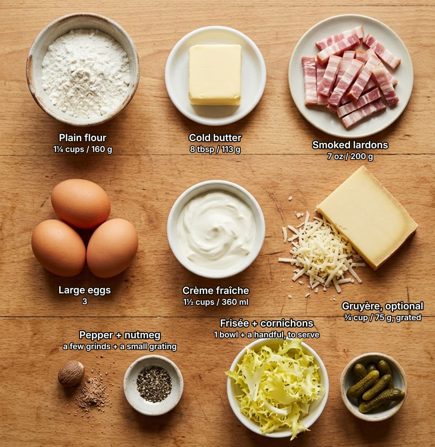 Quiche Lorraine ingredients laid out overhead on a wooden counter and labelled with quantities: a bowl of plain flour, a block of cold butter on a small plate and a plate of raw smoked bacon lardons across the top; three brown eggs, a bowl of crème fraîche and a wedge of gruyère beside a pile of grated cheese in the middle; whole nutmeg with a little grated nutmeg and a pinch bowl of black pepper, and a bowl of frisée beside a small dish of cornichons below.