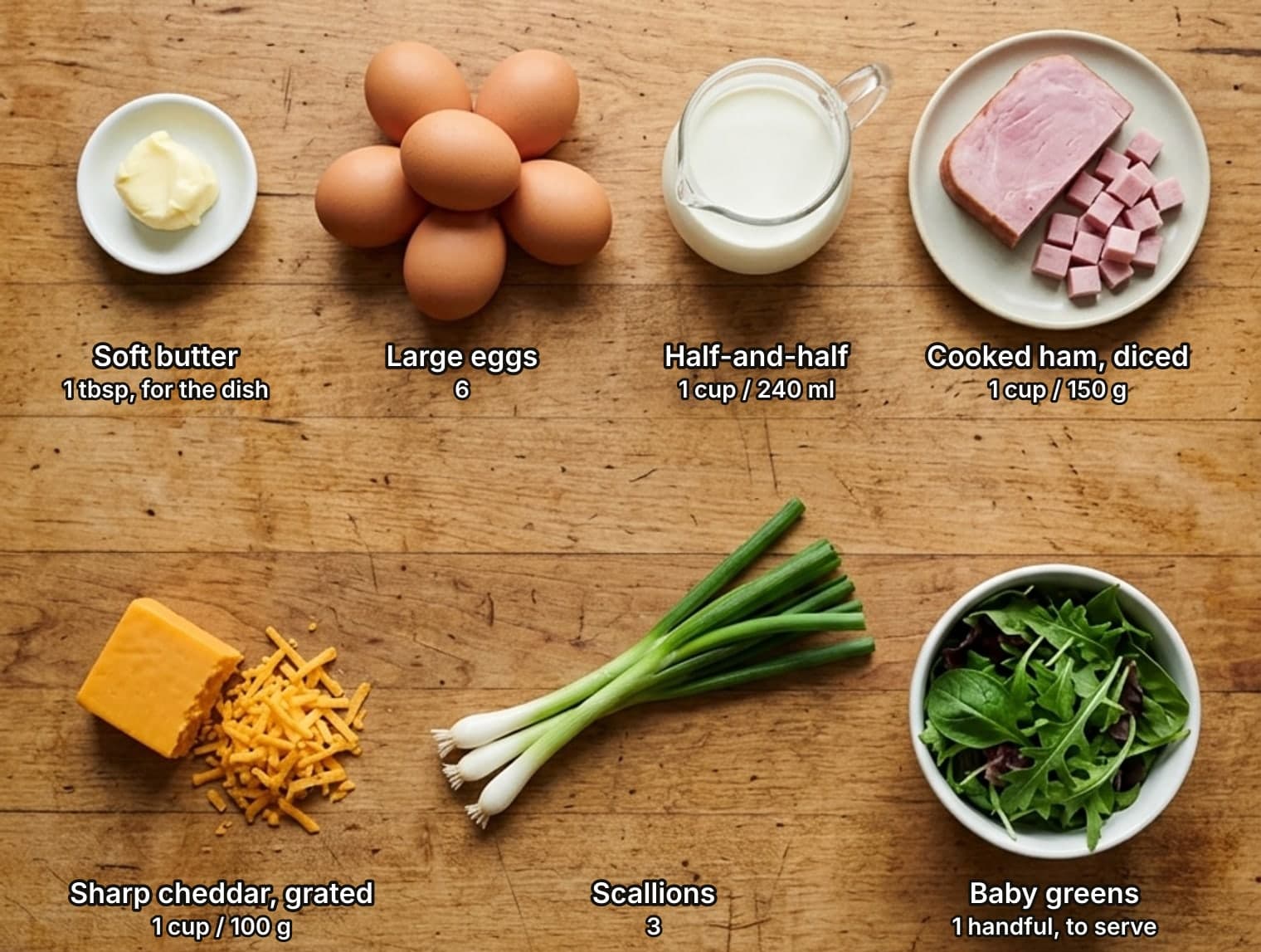 Crustless quiche ingredients laid out overhead on a wooden counter and labelled with quantities: a small dish of soft butter, a cluster of brown eggs, a glass jug of half-and-half and a plate with a slab of cooked ham beside diced ham across the top; a block of sharp cheddar beside a pile of grated cheddar, a few scallions and a bowl of baby greens below.