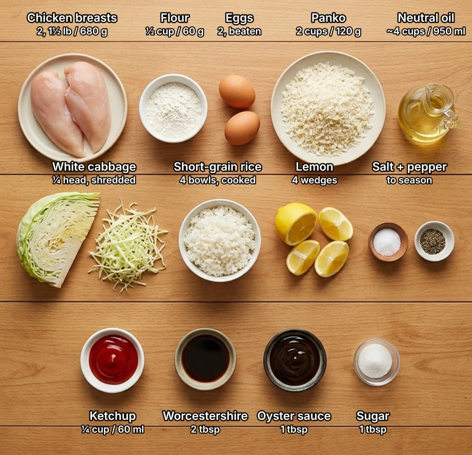 All thirteen chicken katsu ingredients laid out overhead on a wooden kitchen counter and labelled with quantities: chicken breasts, flour, eggs, panko and neutral oil on top; a cabbage wedge with shreds, a bowl of cooked rice, lemon wedges and salt and pepper in the middle; ketchup, Worcestershire sauce, oyster sauce and sugar below.