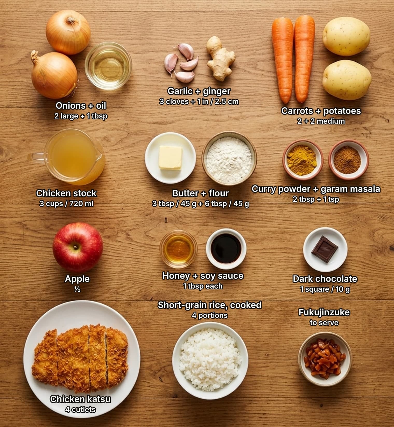 Katsu curry ingredients laid out overhead on a wooden counter and labelled with quantities: two yellow onions beside a dish of oil, garlic cloves with a knob of ginger, and carrots beside waxy potatoes across the top; a glass jug of chicken stock, a block of butter beside a bowl of flour, and bowls of curry powder and garam masala in the second row; a red apple, small dishes of honey and soy sauce, and a square of dark chocolate in the third row; a plate of golden panko-crusted chicken katsu, a bowl of cooked short-grain rice and a bowl of red fukujinzuke pickles below.