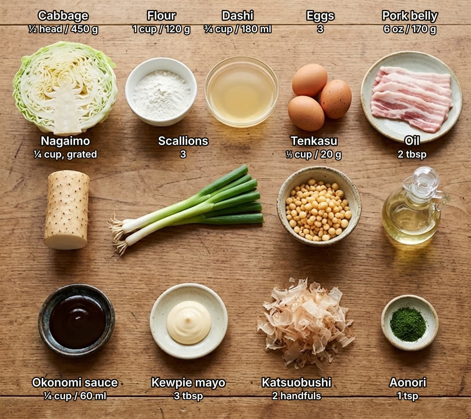 All thirteen okonomiyaki ingredients laid out overhead on a wooden kitchen counter and labelled with quantities: half a cabbage, flour, dashi, eggs and pork belly on top; nagaimo, scallions, tenkasu and oil in the middle; okonomiyaki sauce, Kewpie mayonnaise, bonito flakes and aonori below.