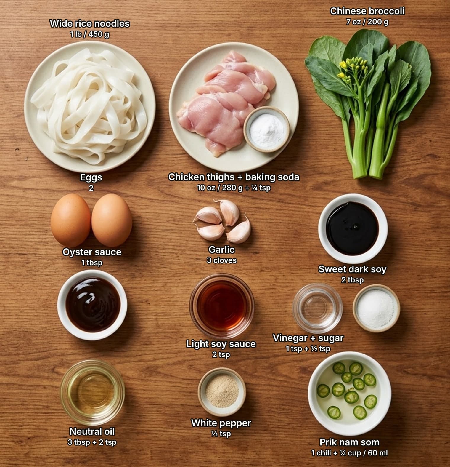 Pad see ew ingredients laid out overhead on a wooden counter and labelled with quantities: a plate of fresh wide rice noodles, raw sliced chicken thigh with a small bowl of baking soda, and a bunch of Chinese broccoli across the top; two brown eggs, garlic cloves and a bowl of sweet dark soy sauce in the second row; bowls of oyster sauce and light soy sauce and small dishes of vinegar and sugar in the third row; a glass dish of oil, a bowl of ground white pepper and a bowl of prik nam som, sliced green chili in vinegar, below.