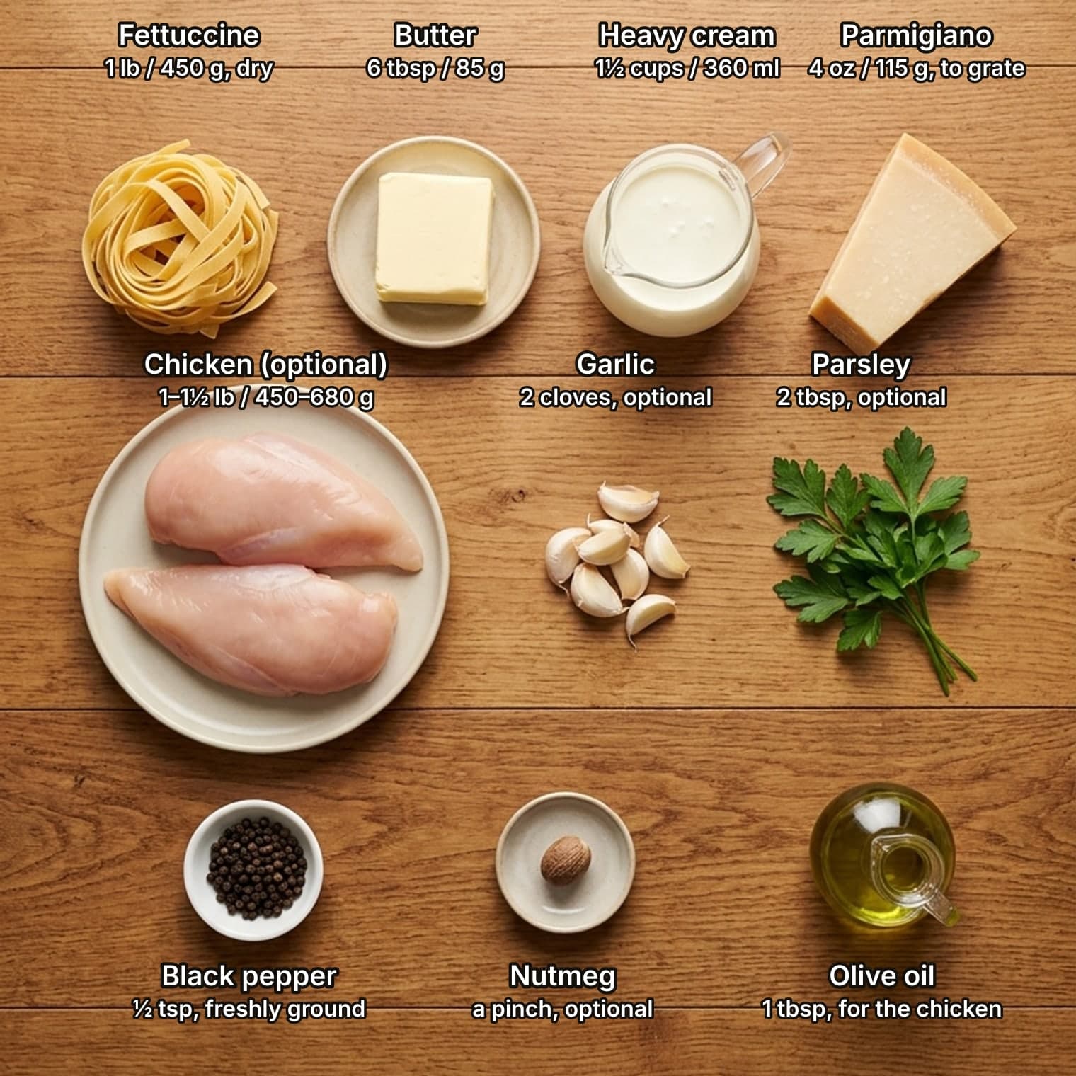 Ingredients for alfredo sauce laid out overhead on a wooden kitchen counter and labelled with quantities: a nest of dry fettuccine, a block of butter, a jug of heavy cream and a wedge of Parmigiano-Reggiano on top; raw chicken breasts, garlic cloves and flat-leaf parsley in the middle; black peppercorns, a whole nutmeg and a cruet of olive oil below.