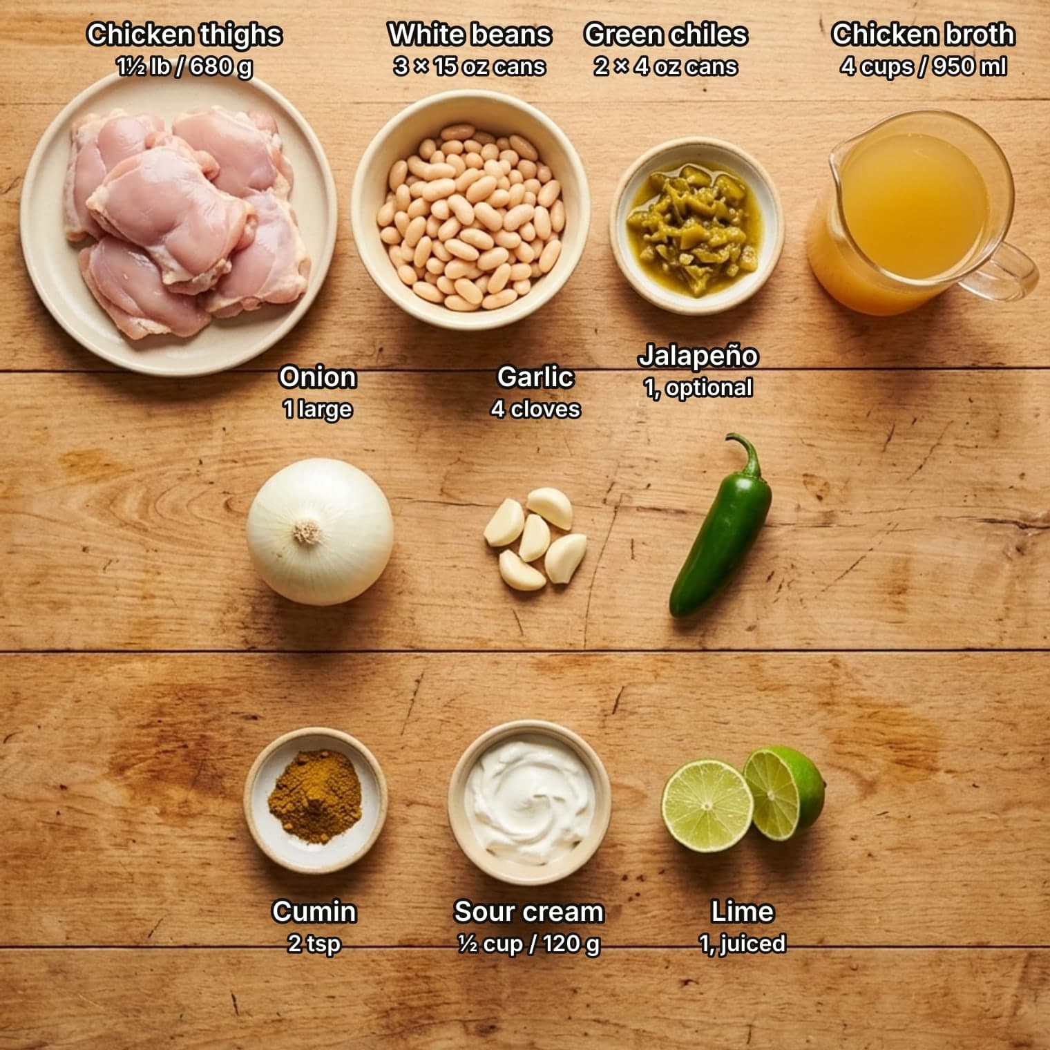 Ingredients for white chicken chili laid out overhead on a wooden kitchen counter and labelled with quantities: raw chicken thighs, a bowl of white beans, a bowl of roasted green chiles and a jug of chicken broth on top; a white onion, garlic cloves and a jalapeño in the middle; ground cumin, sour cream and a halved lime below.
