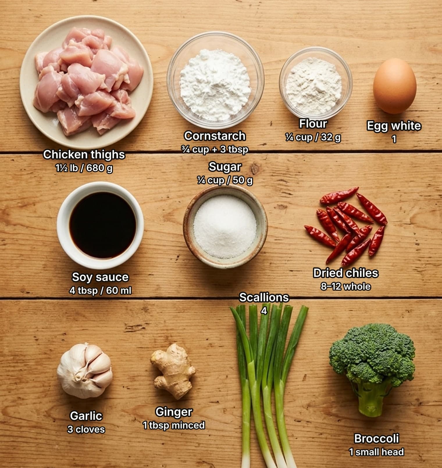 Ingredients for General Tso's chicken laid out overhead on a wooden kitchen counter and labelled with quantities: a plate of raw chicken thigh chunks, bowls of cornstarch and flour and one egg on top; a bowl of soy sauce, a bowl of sugar and a pile of whole dried red chiles in the middle; a garlic bulb, a knob of ginger, four scallions and a head of broccoli below.