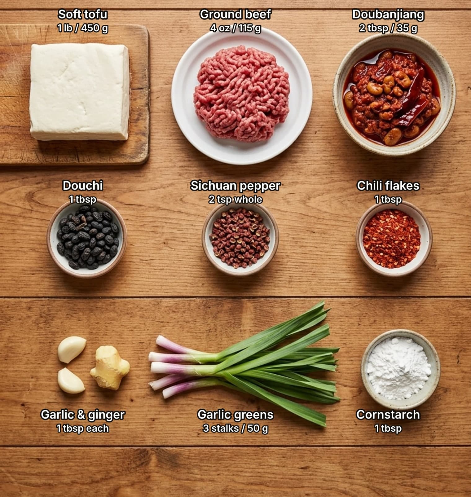 Ingredients for mapo tofu laid out overhead on a wooden kitchen counter and labelled with quantities: a block of soft tofu, raw ground beef and a bowl of dark red fermented broad-bean chili paste on top; small bowls of fermented black soybeans, whole Sichuan peppercorns and coarse chili flakes in the middle; garlic and ginger, a bundle of green garlic (garlic greens) and a bowl of cornstarch below.