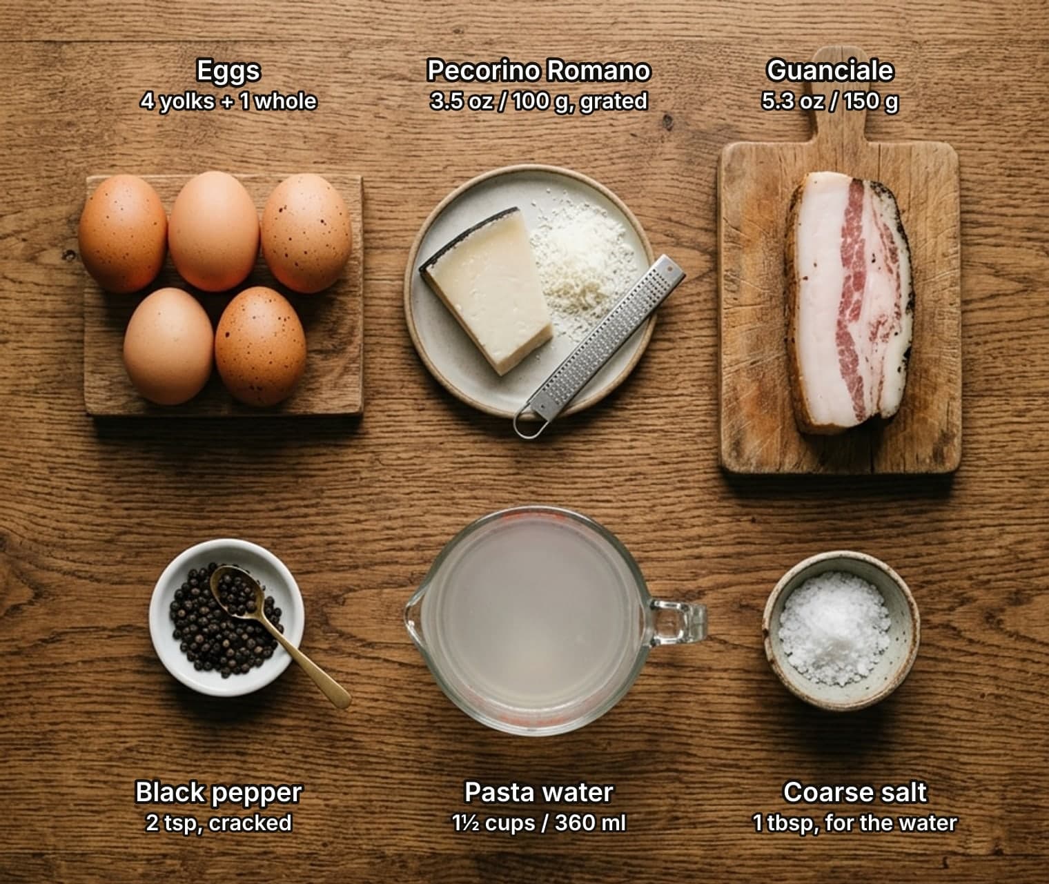 Ingredients for carbonara sauce laid out overhead on a wooden kitchen counter and labelled with quantities: five eggs, a wedge of Pecorino Romano with a pile of grated cheese and a slab of guanciale on top; a dish of black peppercorns, a glass jug of cloudy pasta water and a bowl of coarse salt below.