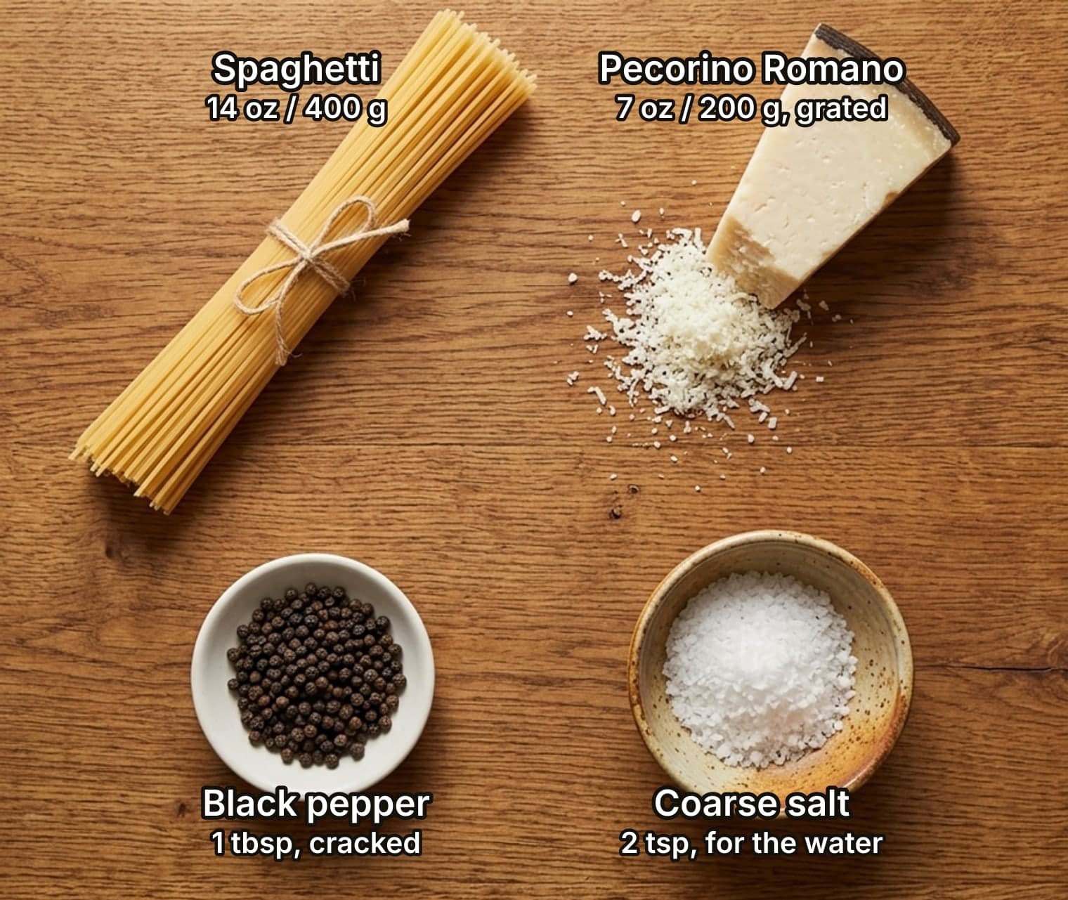 Ingredients for cacio e pepe laid out overhead on a wooden kitchen counter and labelled with quantities: a bundle of dry spaghetti and a wedge of Pecorino Romano with a pile of finely grated cheese above; a dish of whole black peppercorns and a small bowl of coarse salt below.