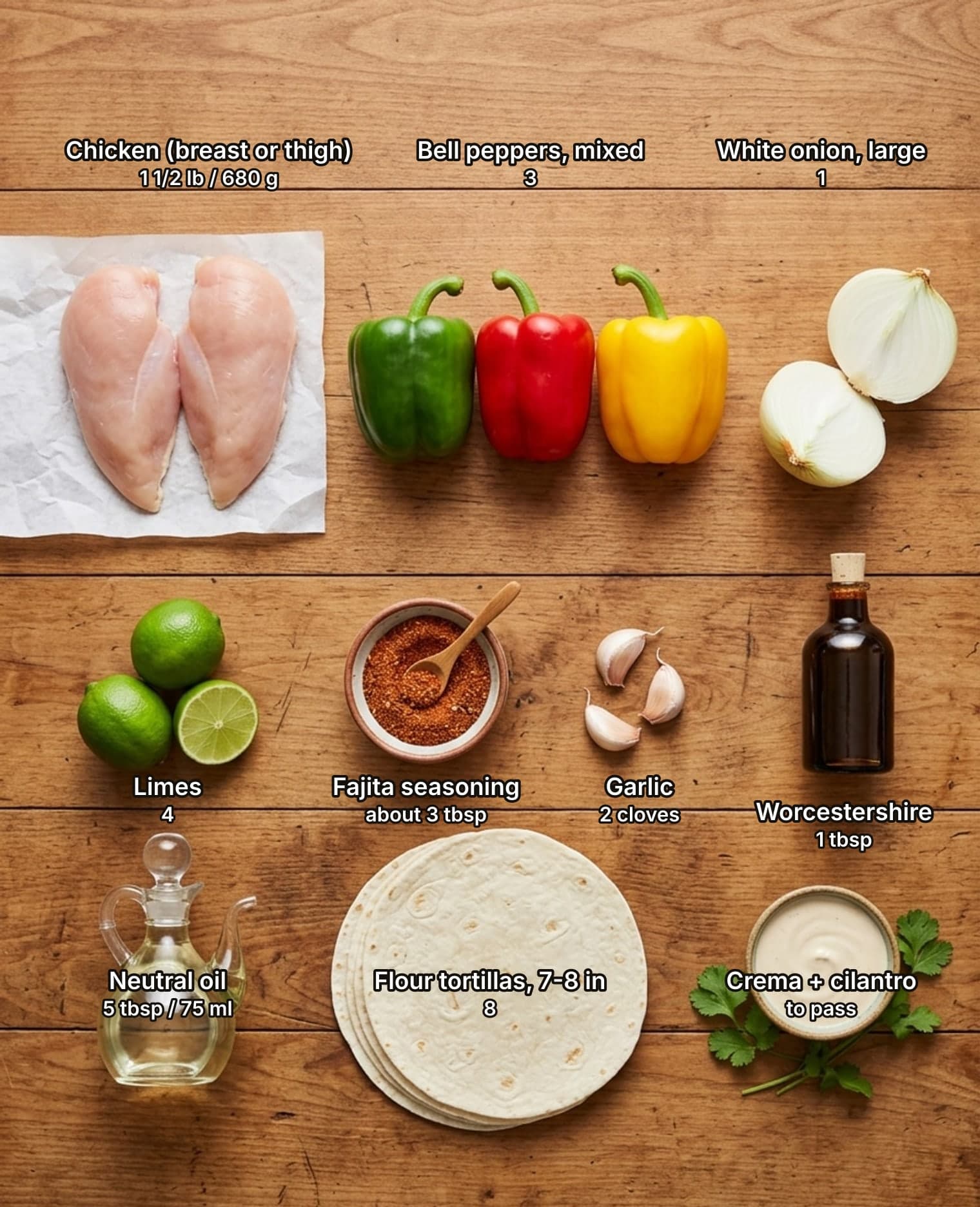 Ingredients for chicken fajitas laid out overhead on a wooden kitchen counter and labelled with quantities: raw chicken breasts on butcher paper, green, red and yellow bell peppers and a halved white onion across the top; limes, a bowl of rust-red fajita seasoning, garlic cloves and a small bottle of Worcestershire in the middle row; a cruet of neutral oil, a stack of flour tortillas and a bowl of crema with cilantro below.