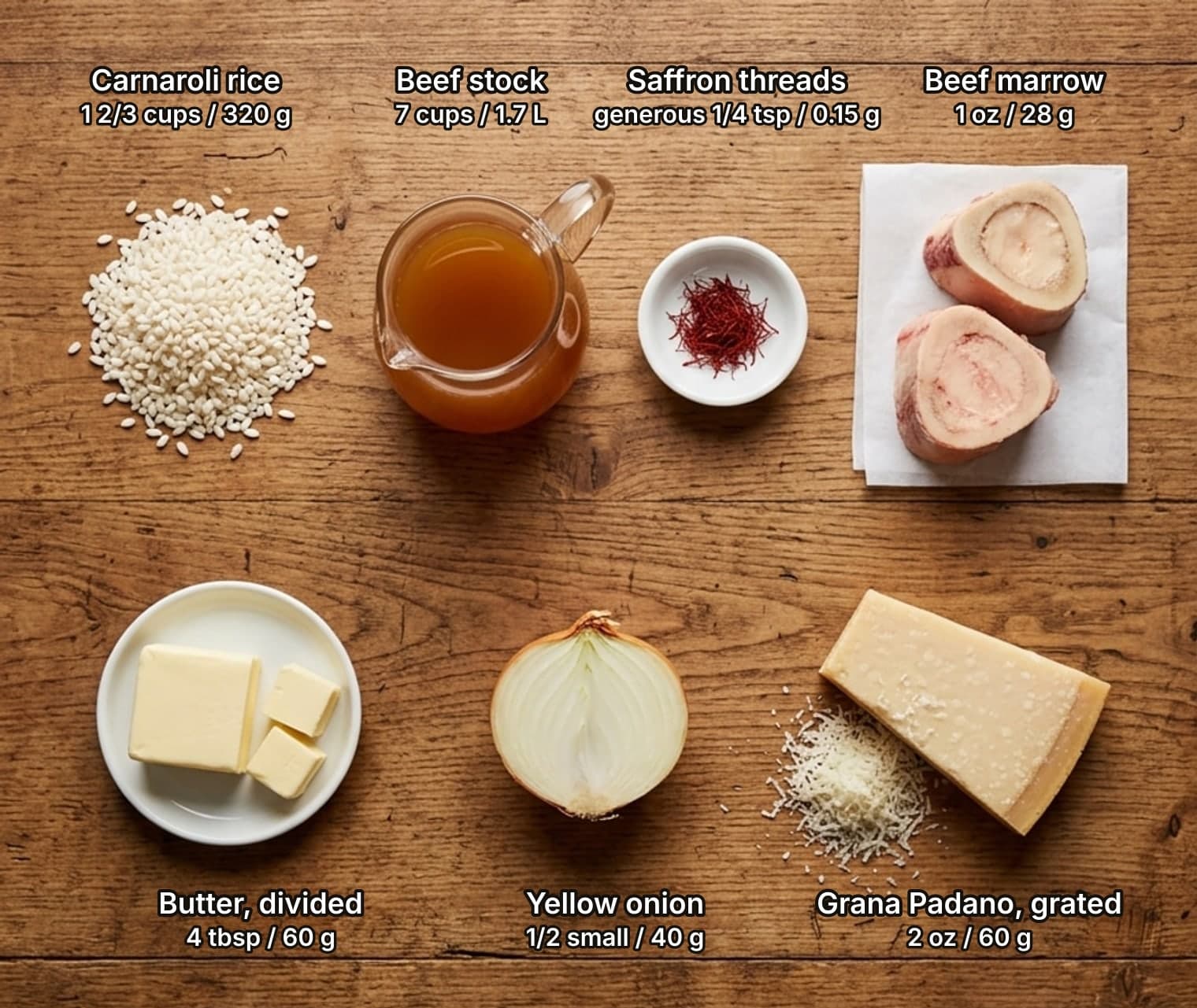 Ingredients for risotto alla Milanese laid out overhead on a wooden table and labelled with quantities: a loose pile of Carnaroli rice, a small glass jug of simmering beef stock, red saffron threads in a tiny white pinch dish and two rounds of beef marrow bone on white parchment across the top; a block of butter with cubes cut from it on a small plate, half a peeled yellow onion cut side up, and a wedge of Grana Padano beside a pile of finely grated cheese below.