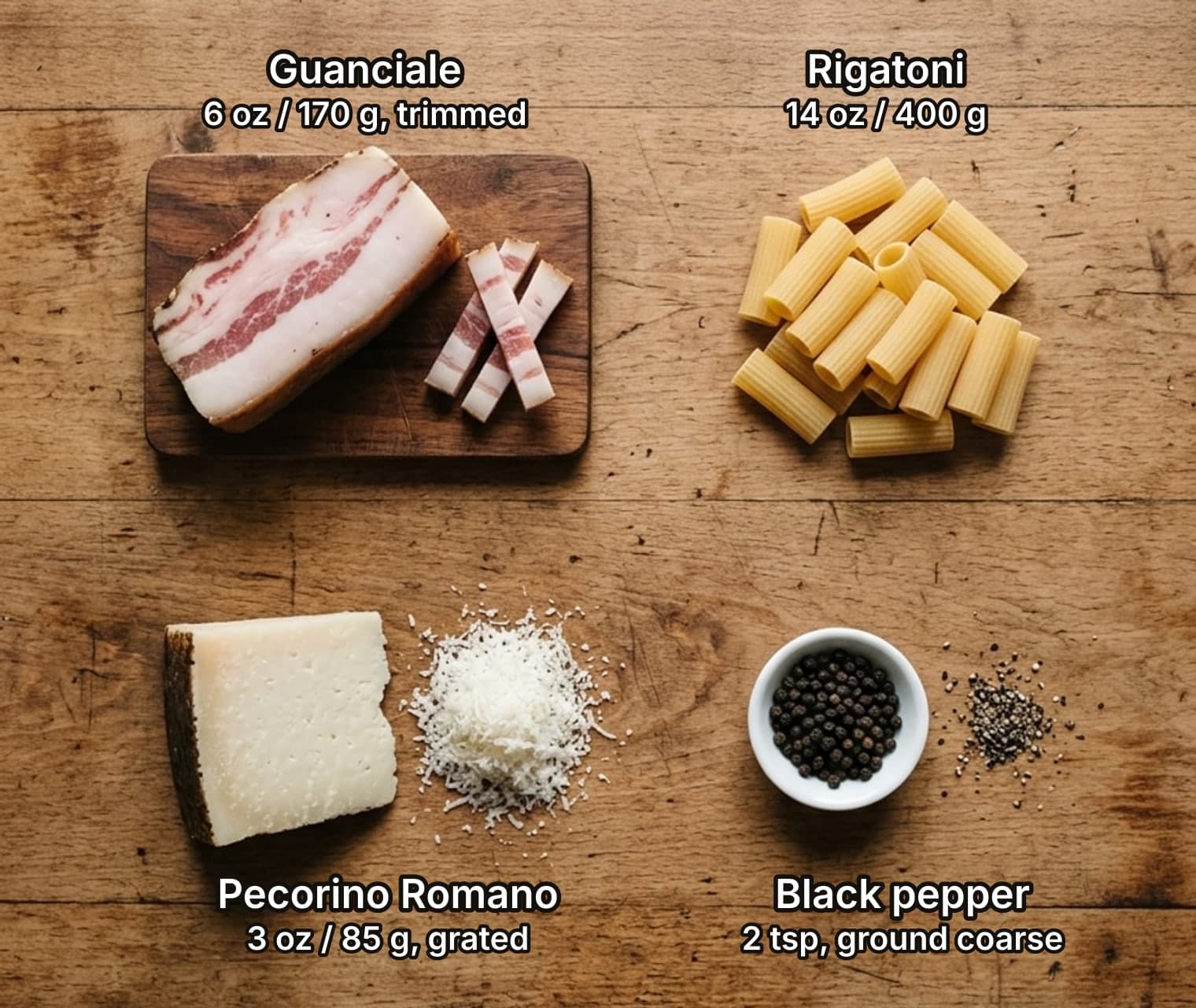 Pasta alla gricia ingredients laid out overhead on a wooden counter and labelled with quantities: a slab of guanciale with a few batons cut from it on a small board and a heap of dry rigatoni across the top; a wedge of Pecorino Romano with a pile of finely grated cheese and a small dish of black peppercorns with a pinch of cracked pepper below.