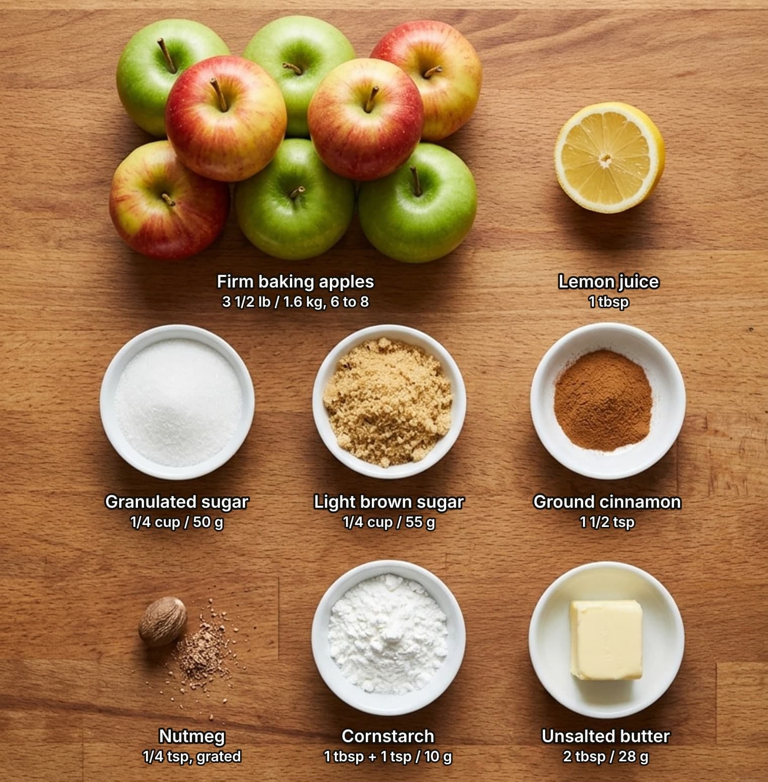 Apple pie filling ingredients laid out overhead on a wooden counter and labelled with quantities: eight whole green and red apples and half a lemon across the top; bowls of granulated sugar, light brown sugar and ground cinnamon in the middle row; a whole nutmeg with gratings, a bowl of cornstarch and a block of butter below.