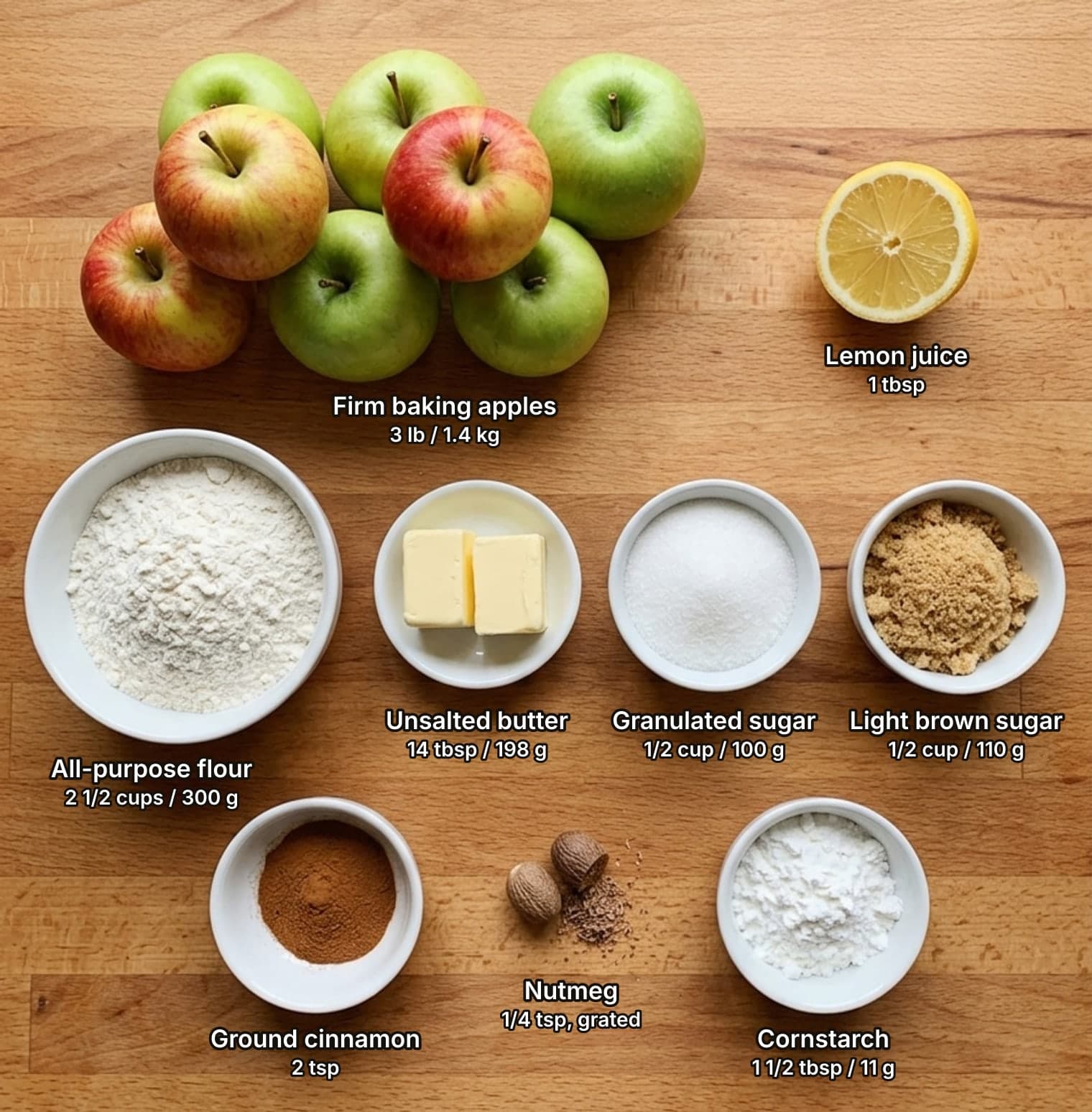Dutch apple pie ingredients laid out overhead on a wooden counter and labelled with quantities: whole green and red apples and half a lemon across the top; a bowl of flour, two blocks of butter and bowls of granulated and light brown sugar in the middle row; a bowl of ground cinnamon, whole nutmegs with gratings and a bowl of cornstarch below.