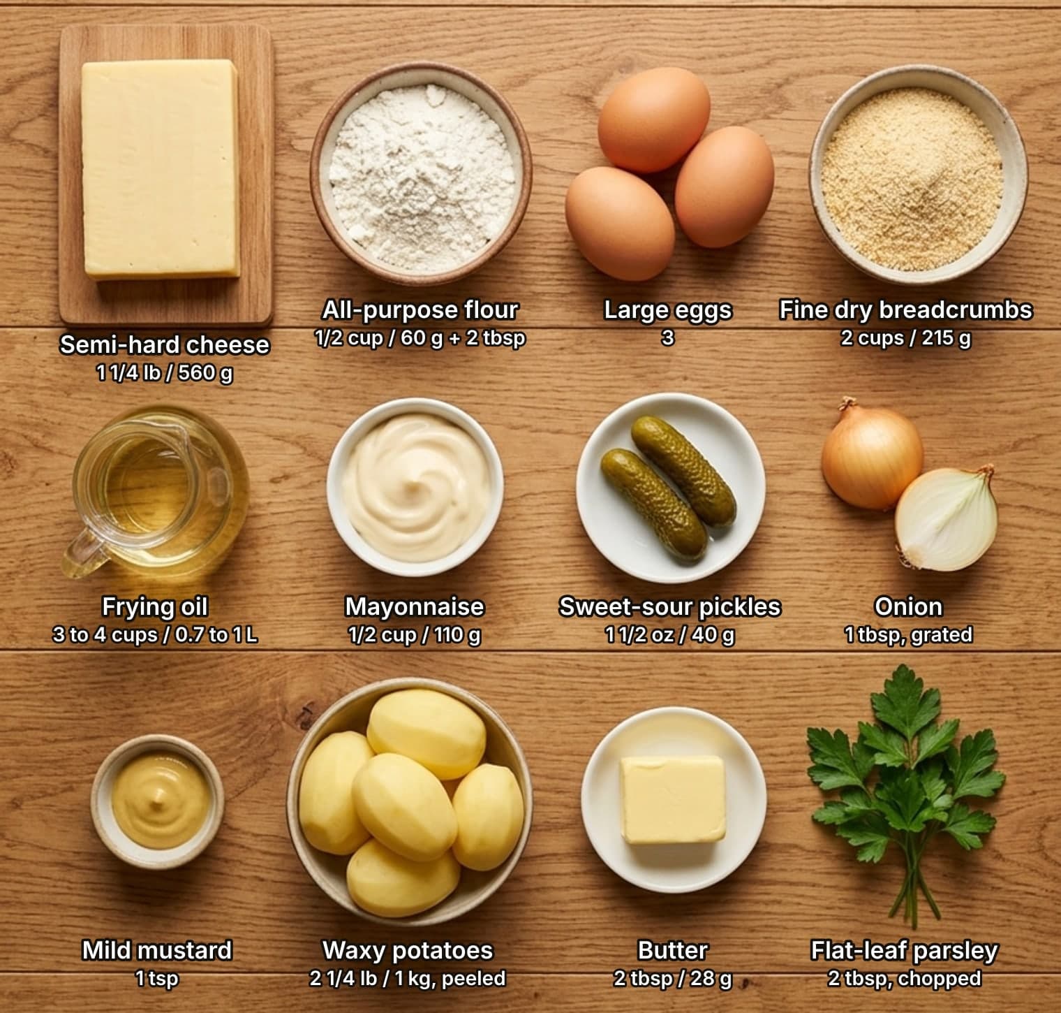 Smažený sýr ingredients laid out overhead on a wooden counter and labelled with quantities: a block of pale yellow semi-hard cheese on a small board, a bowl of flour, three brown eggs and a bowl of fine dry breadcrumbs across the top; a glass jug of frying oil, a bowl of mayonnaise, two pickled gherkins and an onion in the middle; a dish of mild mustard, a bowl of peeled potatoes, a block of butter and a bunch of flat-leaf parsley below.