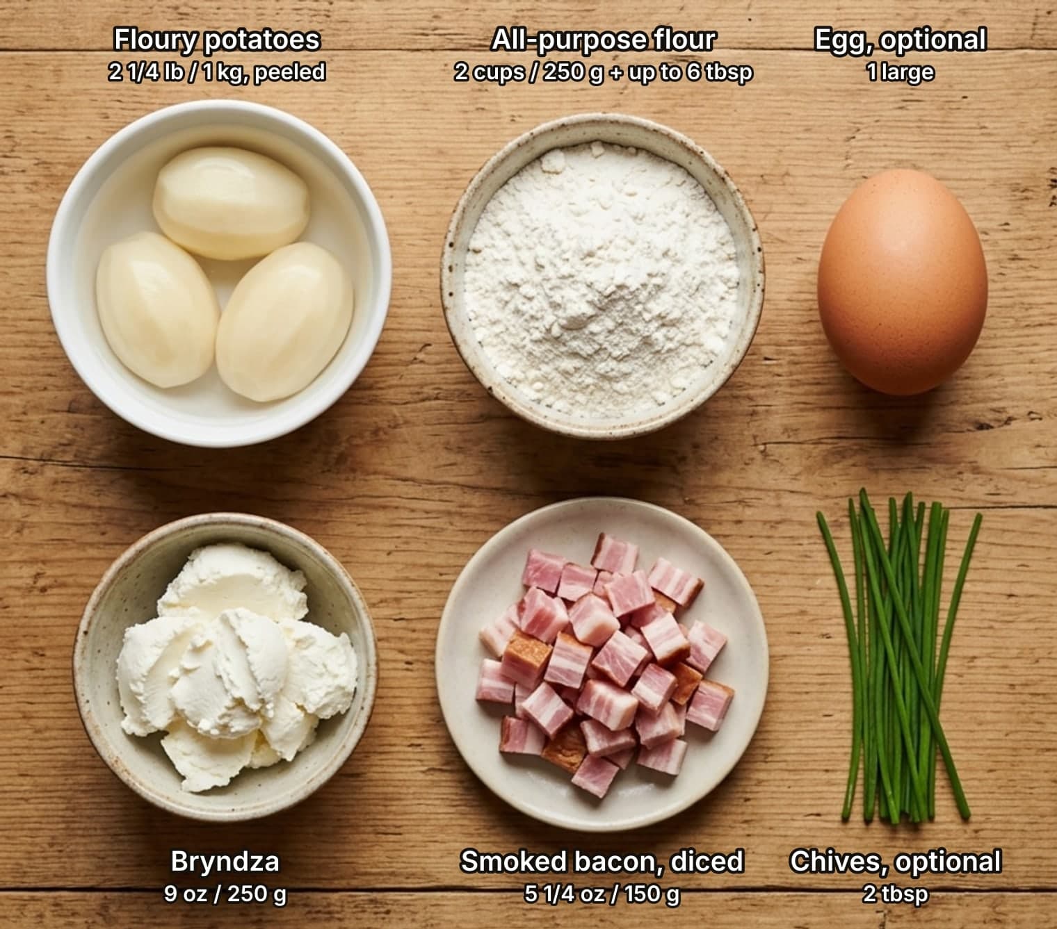 Bryndzové halušky ingredients laid out overhead on a wooden counter and labelled with quantities: a bowl of peeled potatoes in cold water, a bowl of all-purpose flour and a brown egg across the top; a bowl of soft white bryndza sheep cheese, a plate of diced smoked bacon and a bundle of fresh chives below.