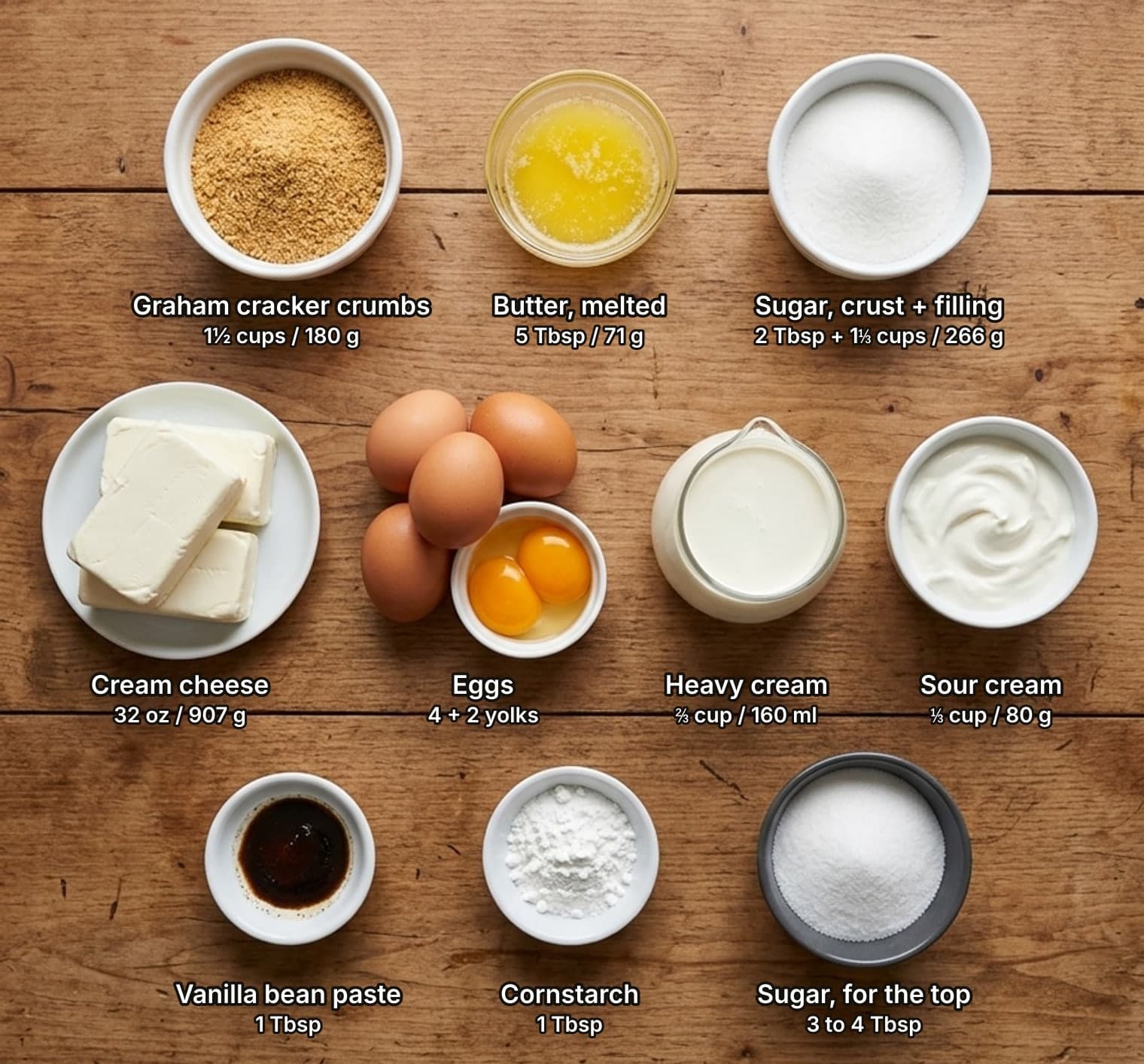 Crème brûlée cheesecake ingredients laid out overhead on a wooden counter and labelled with quantities: bowls of graham cracker crumbs, melted butter and granulated sugar across the top; blocks of cream cheese on a plate, four brown eggs beside a dish of two egg yolks, a glass jug of heavy cream and a bowl of sour cream in the middle; bowls of vanilla bean paste and cornstarch and a dark bowl of sugar for the top below.