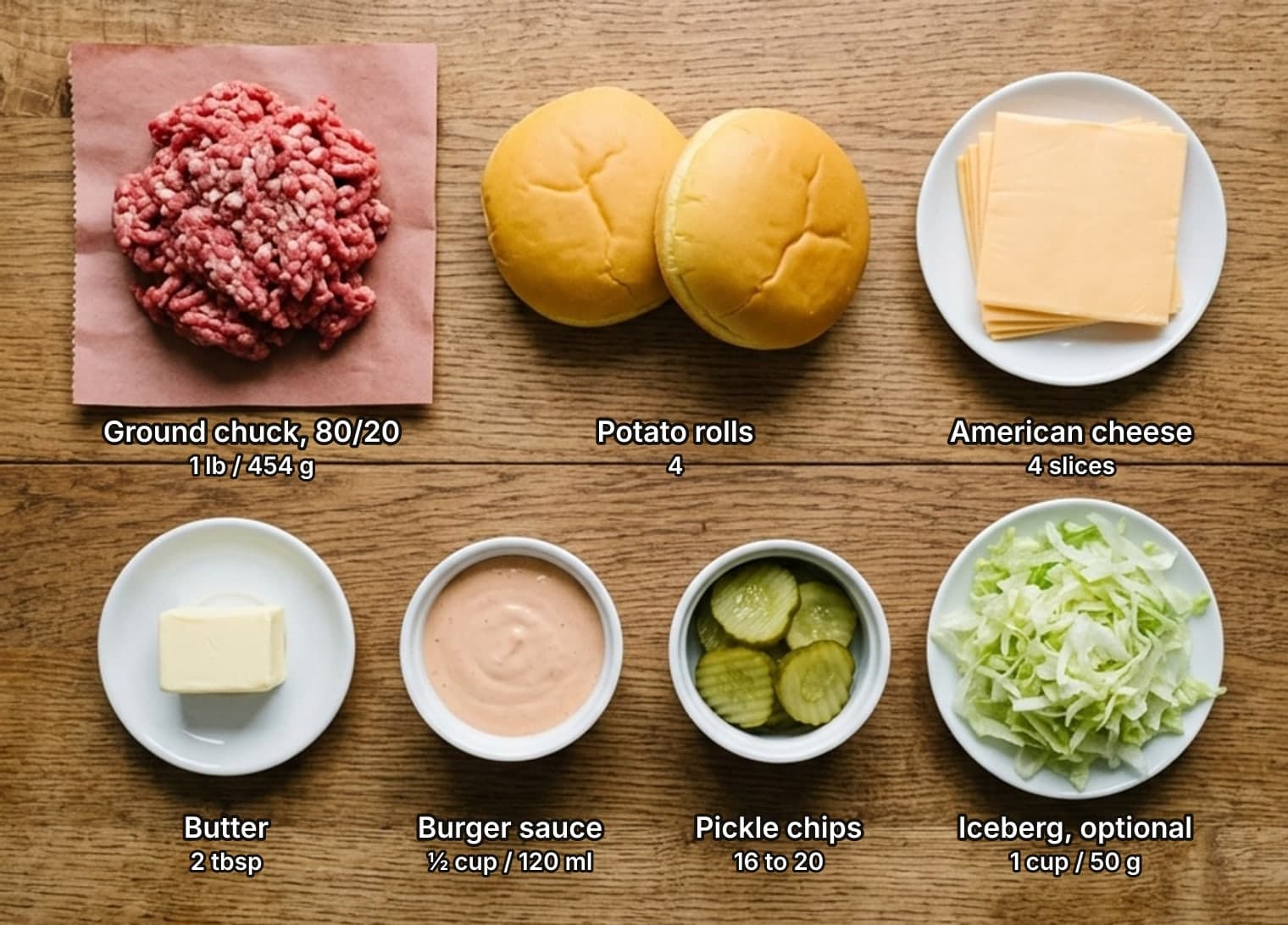 Smash burger ingredients laid out overhead on a wooden counter and labelled with quantities: a mound of raw ground chuck on butcher paper, soft potato rolls and a stack of American cheese slices on a plate across the top; a block of butter on a dish, a bowl of pink burger sauce, a bowl of crinkle-cut dill pickle chips and a plate of shredded iceberg lettuce below.
