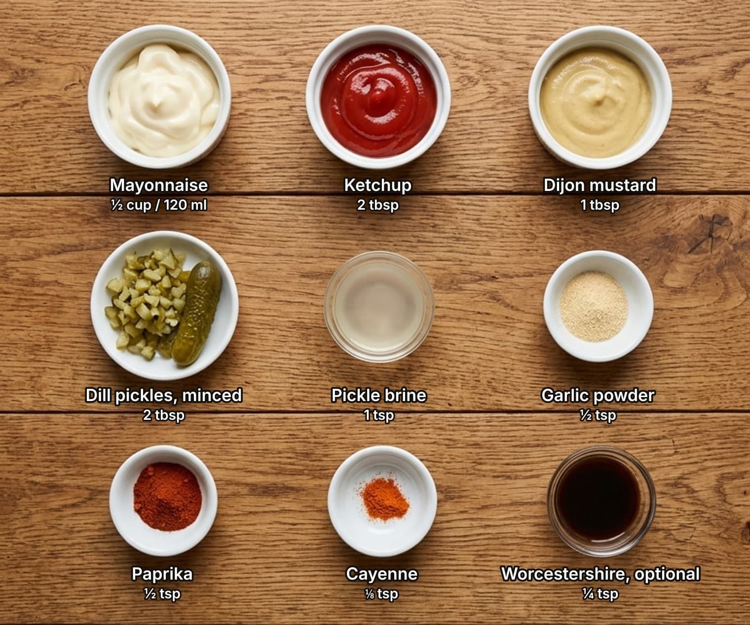 Smash burger sauce ingredients laid out overhead on a wooden counter and labelled with quantities: bowls of mayonnaise, ketchup and Dijon mustard across the top; minced dill pickle beside a whole gherkin, a glass dish of pickle brine and a bowl of garlic powder in the middle; small bowls of paprika and cayenne and a glass dish of Worcestershire sauce below.