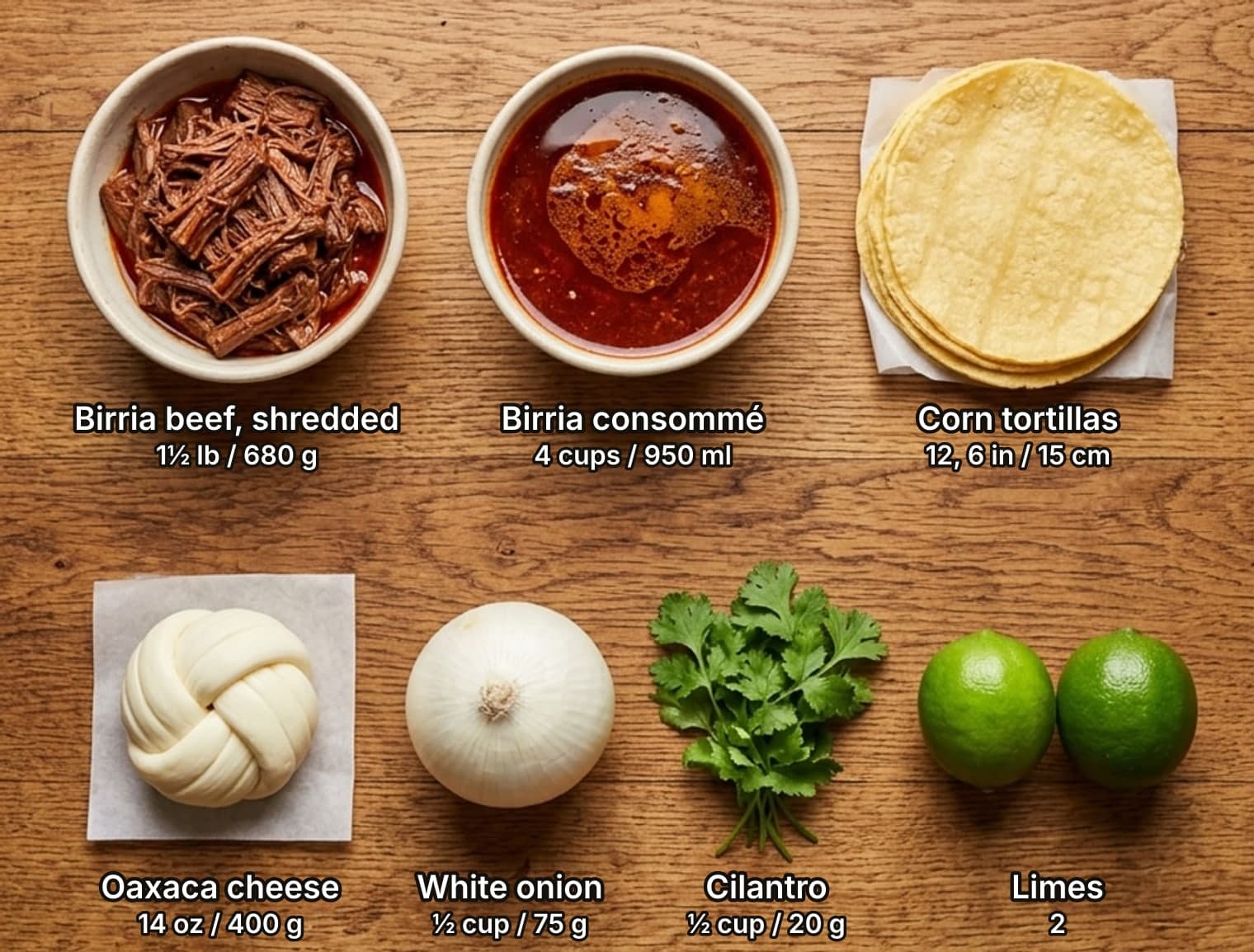 Quesabirria taco ingredients laid out overhead on a wooden counter and labelled with quantities: a bowl of shredded birria beef, a bowl of red birria consommé with its fat floating on top and a stack of corn tortillas across the top; a knot of Oaxaca cheese on white paper, a white onion, a bunch of cilantro and two limes below.