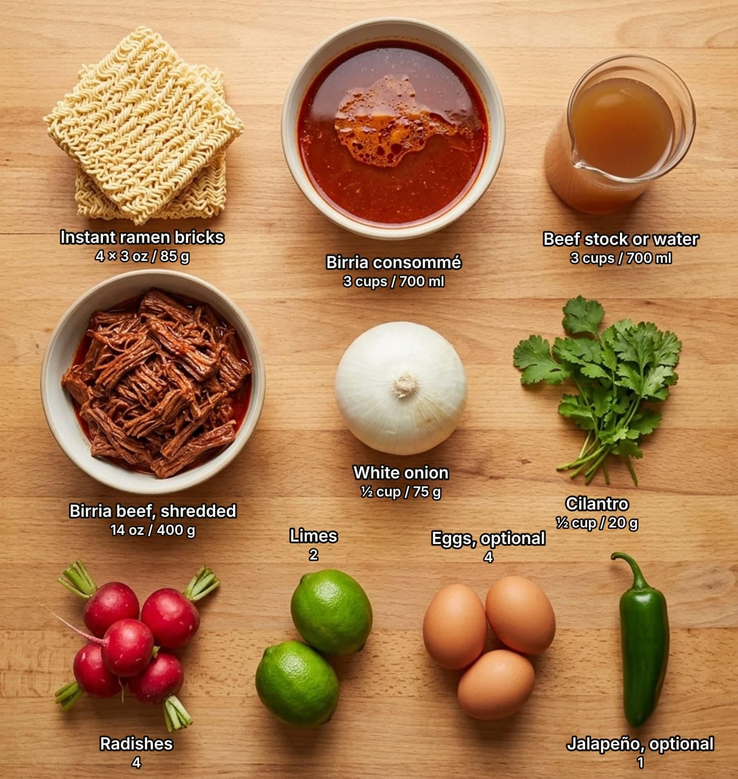 Birria ramen ingredients laid out overhead on a wooden counter and labelled with quantities: blocks of dried instant ramen noodles, a bowl of red birria consommé and a glass jug of beef stock across the top; a bowl of shredded birria beef, a white onion and a bunch of cilantro in the middle; red radishes, two limes, brown eggs and a green jalapeño below.