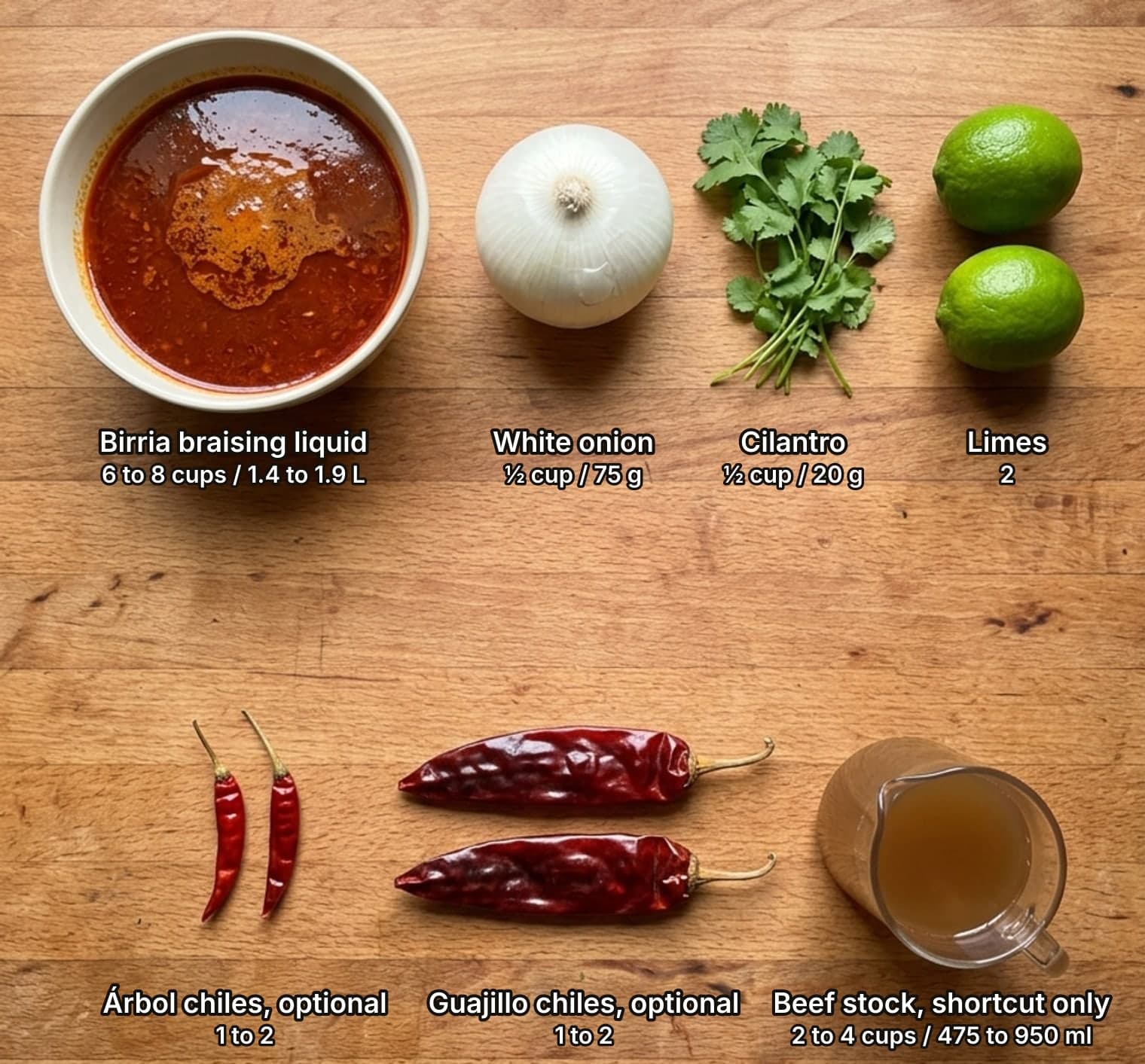 Birria consommé ingredients laid out overhead on a wooden counter and labelled with quantities: a large bowl of red birria braising liquid with its fat floating on top, a white onion, a bunch of cilantro and two limes across the top; two slim dried chiles de árbol, two long dried guajillo chiles and a glass jug of beef stock below.