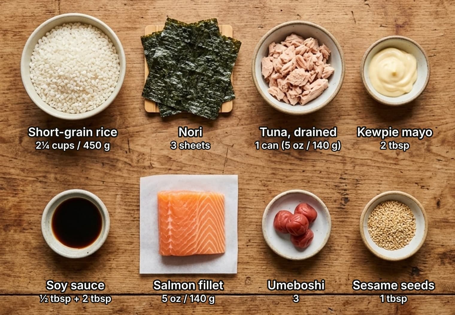 Onigiri ingredients laid out overhead on a wooden counter and labelled with quantities: a bowl of raw short-grain rice, a stack of nori sheets, a bowl of drained tuna and a bowl of Kewpie mayonnaise across the top; a dish of soy sauce, a raw salmon fillet on white paper, a dish of red umeboshi plums and a bowl of toasted sesame seeds below.